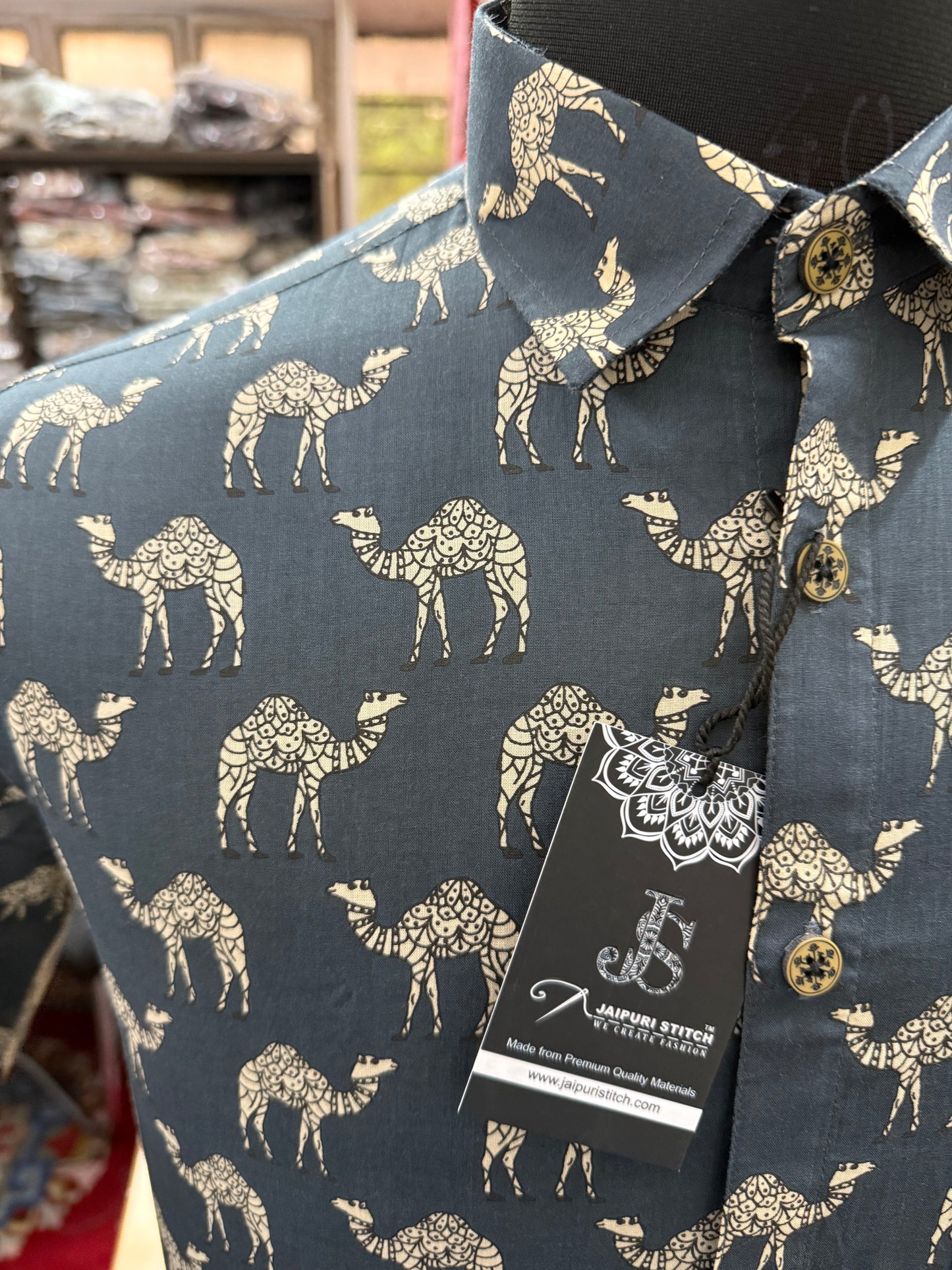 Grey And Beige Camel Printed Mens Half Sleeves Cotton Shirt