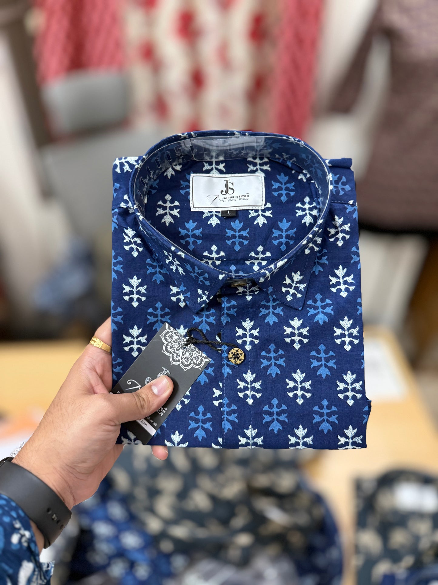 Blue & White Maple Booti Printed Men’s Half-Sleeves Cotton Shirt