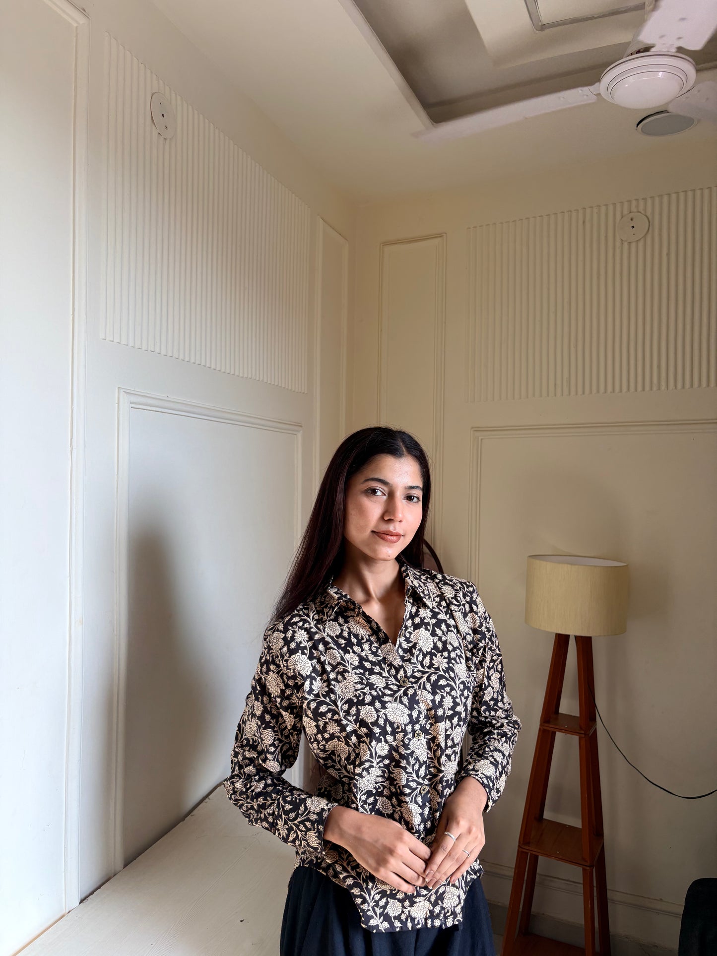 Black & Beige Kalamkari Print Women’s Cotton Shirt