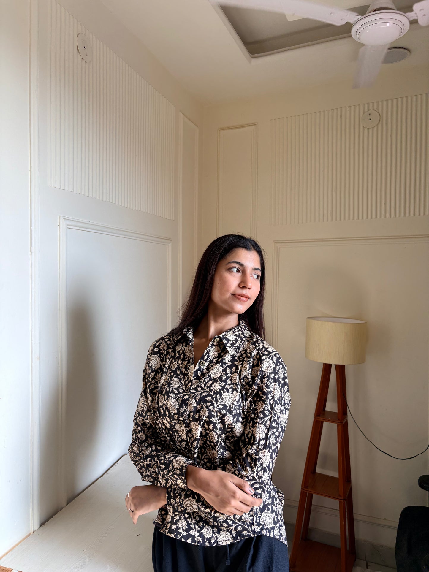 Black & Beige Kalamkari Print Women’s Cotton Shirt