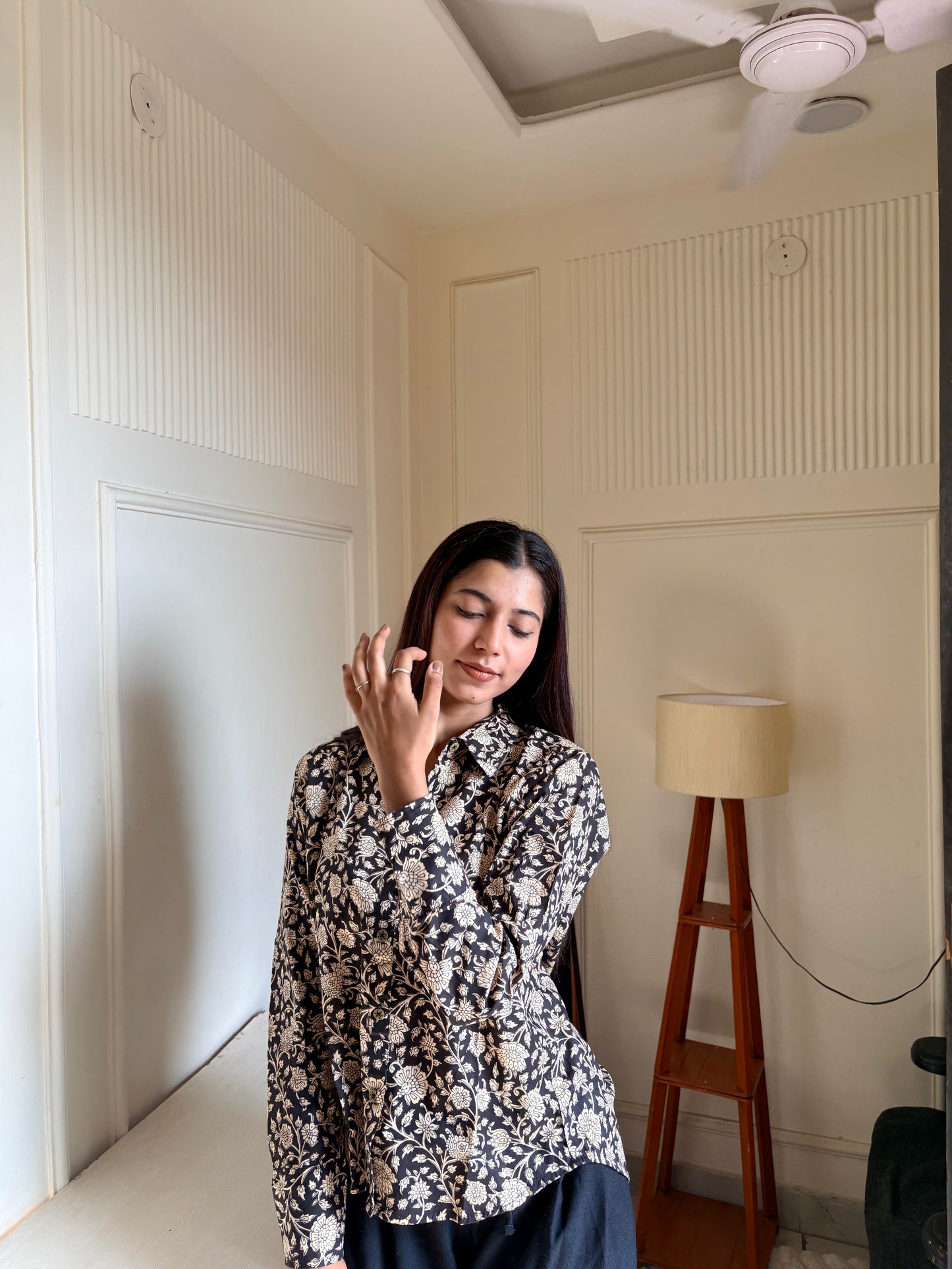 Black & Beige Kalamkari Print Women’s Cotton Shirt
