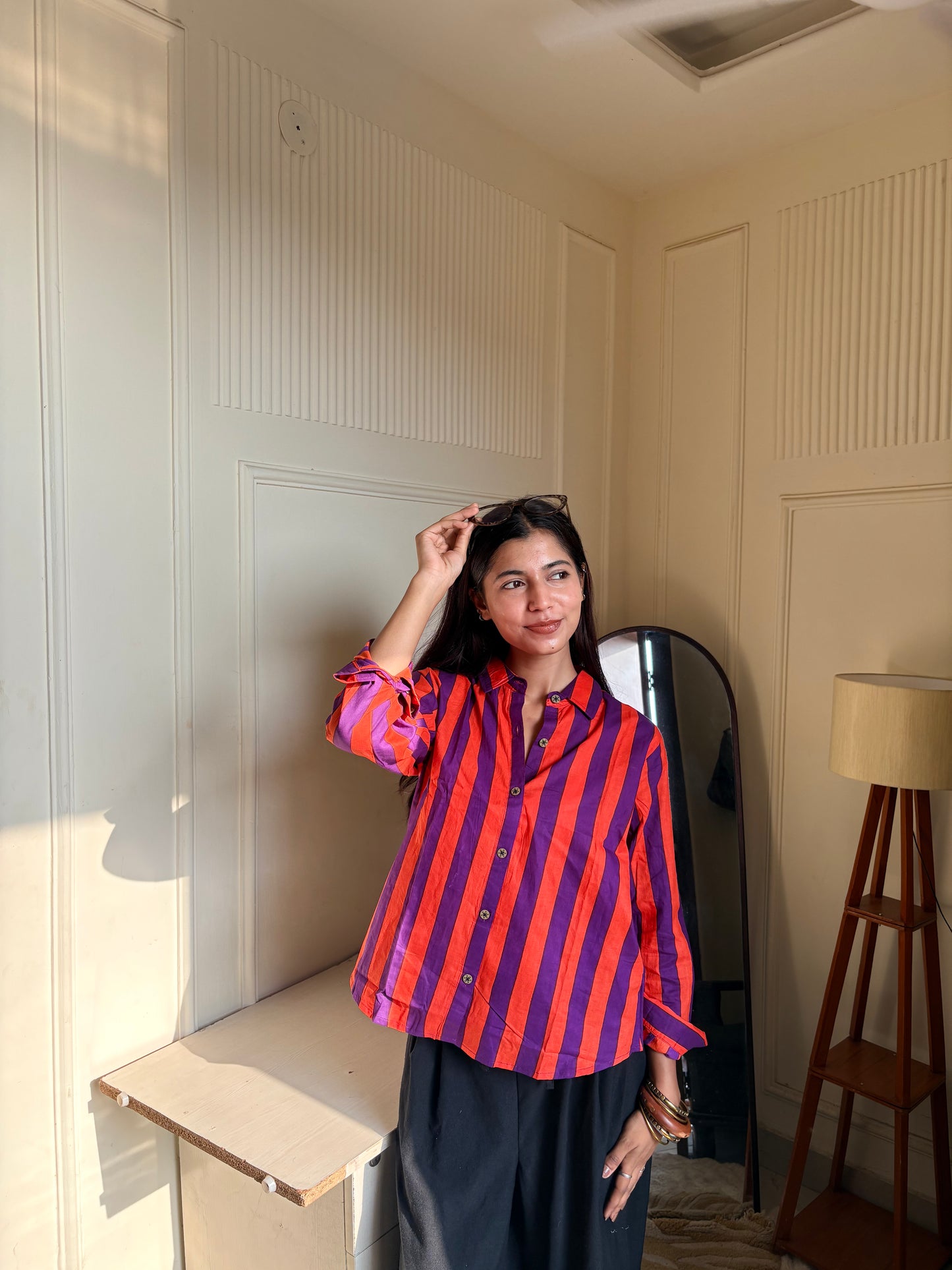 Purple & Orange Striped Women’s Cotton Shirt