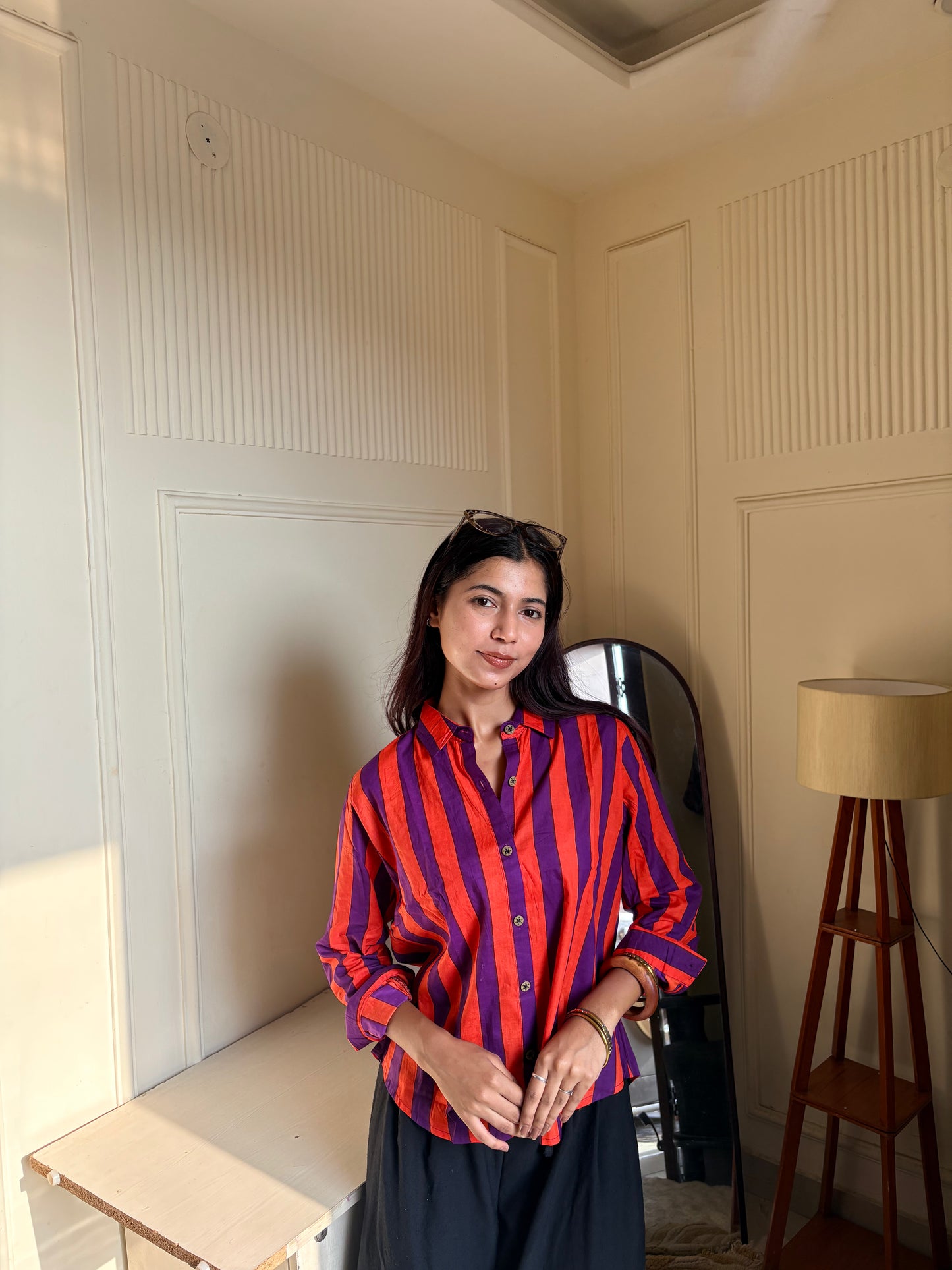 Purple & Orange Striped Women’s Cotton Shirt