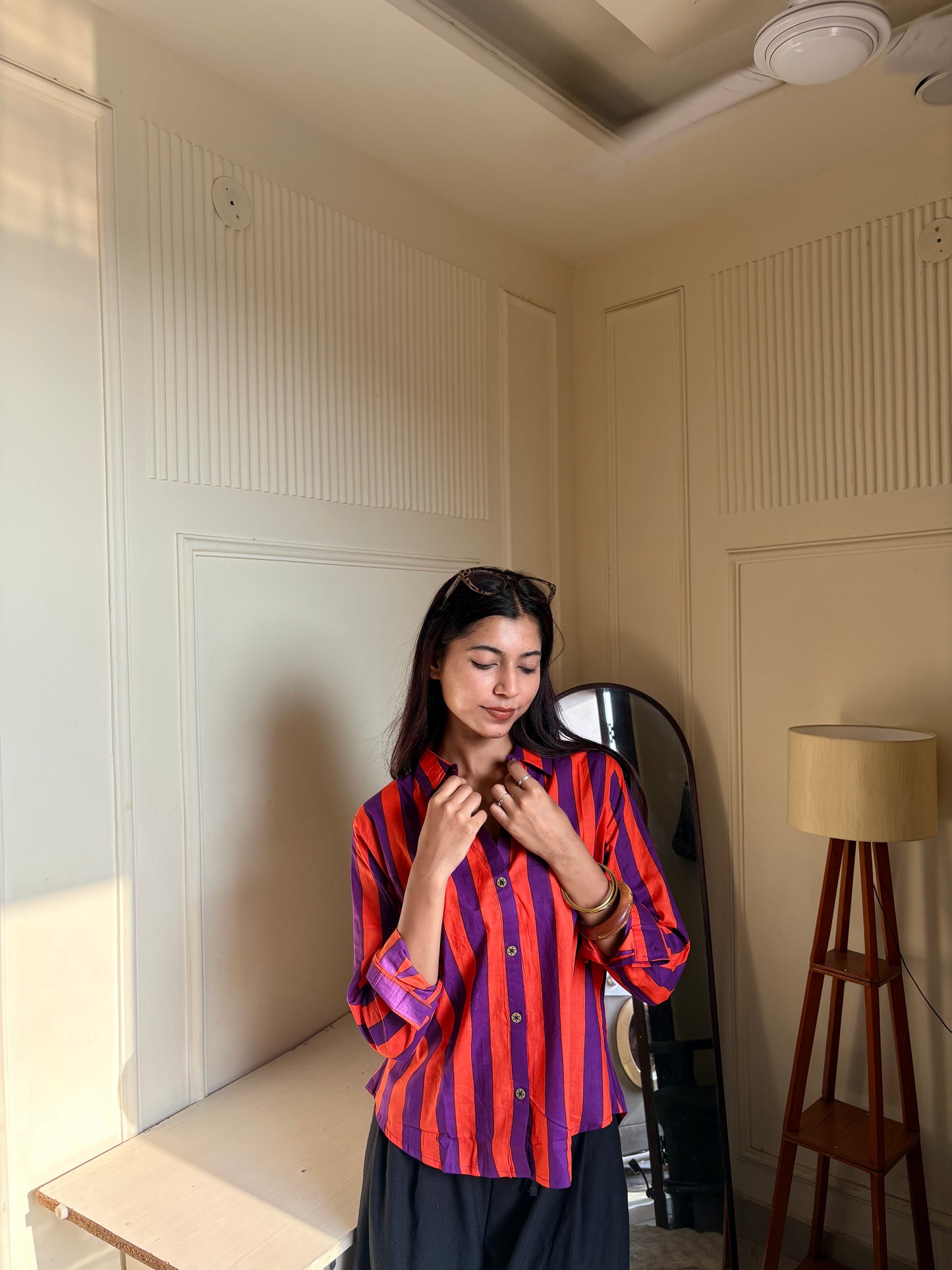 Purple & Orange Striped Women’s Cotton Shirt