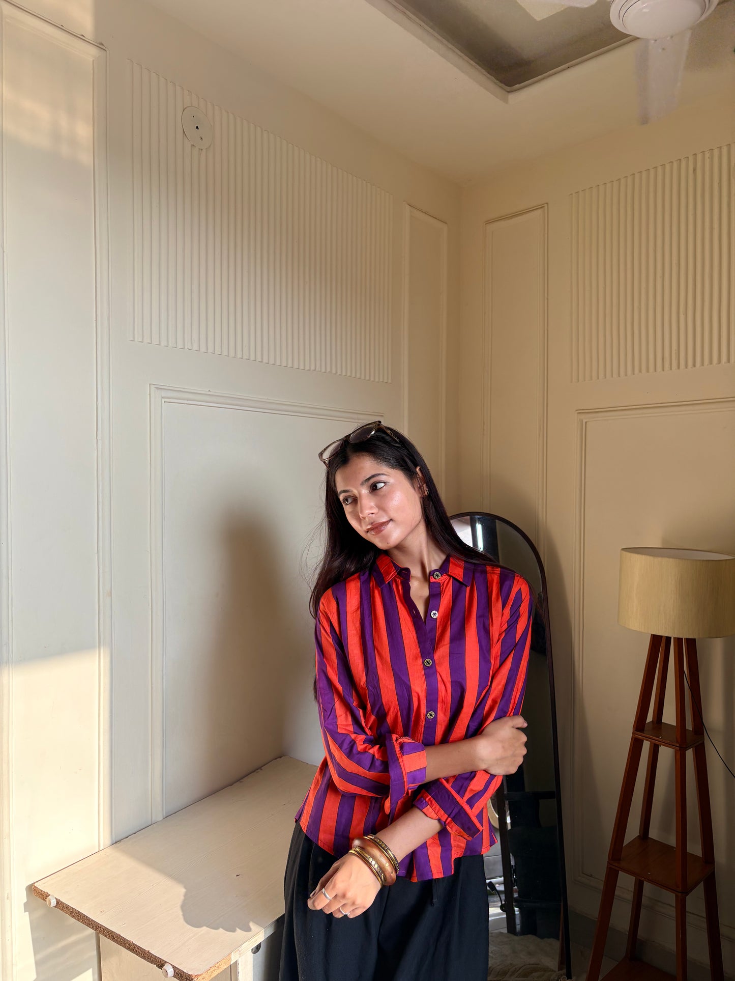 Purple & Orange Striped Women’s Cotton Shirt