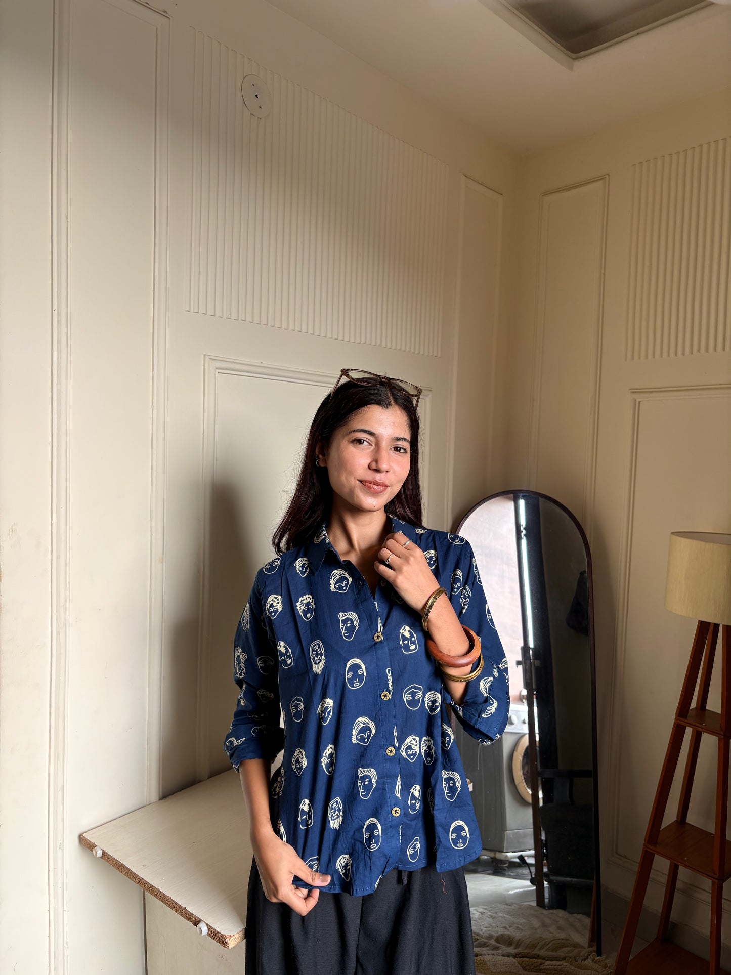 Navy Blue Face Motif Print Women’s Cotton Shirt