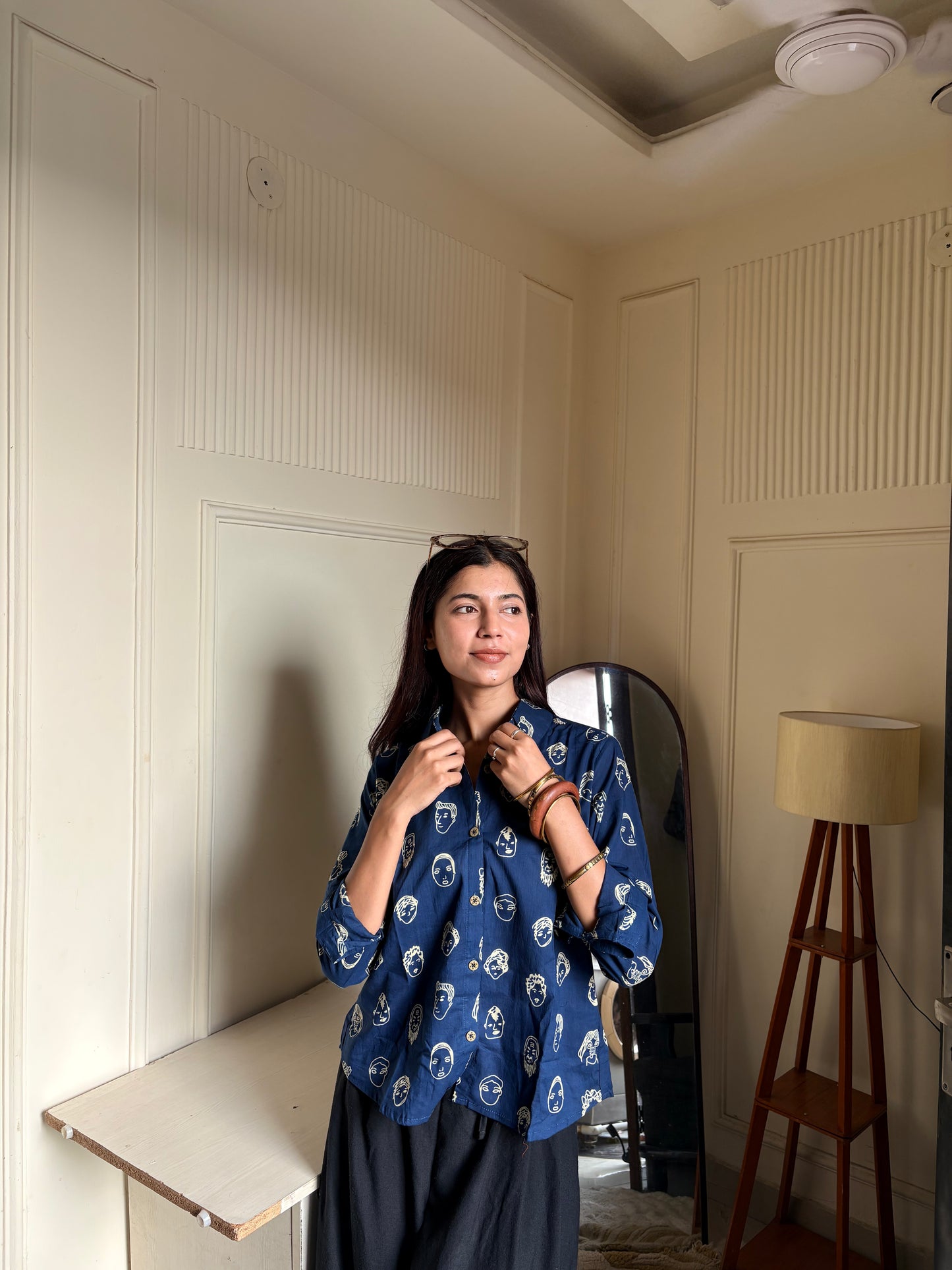 Navy Blue Face Motif Print Women’s Cotton Shirt