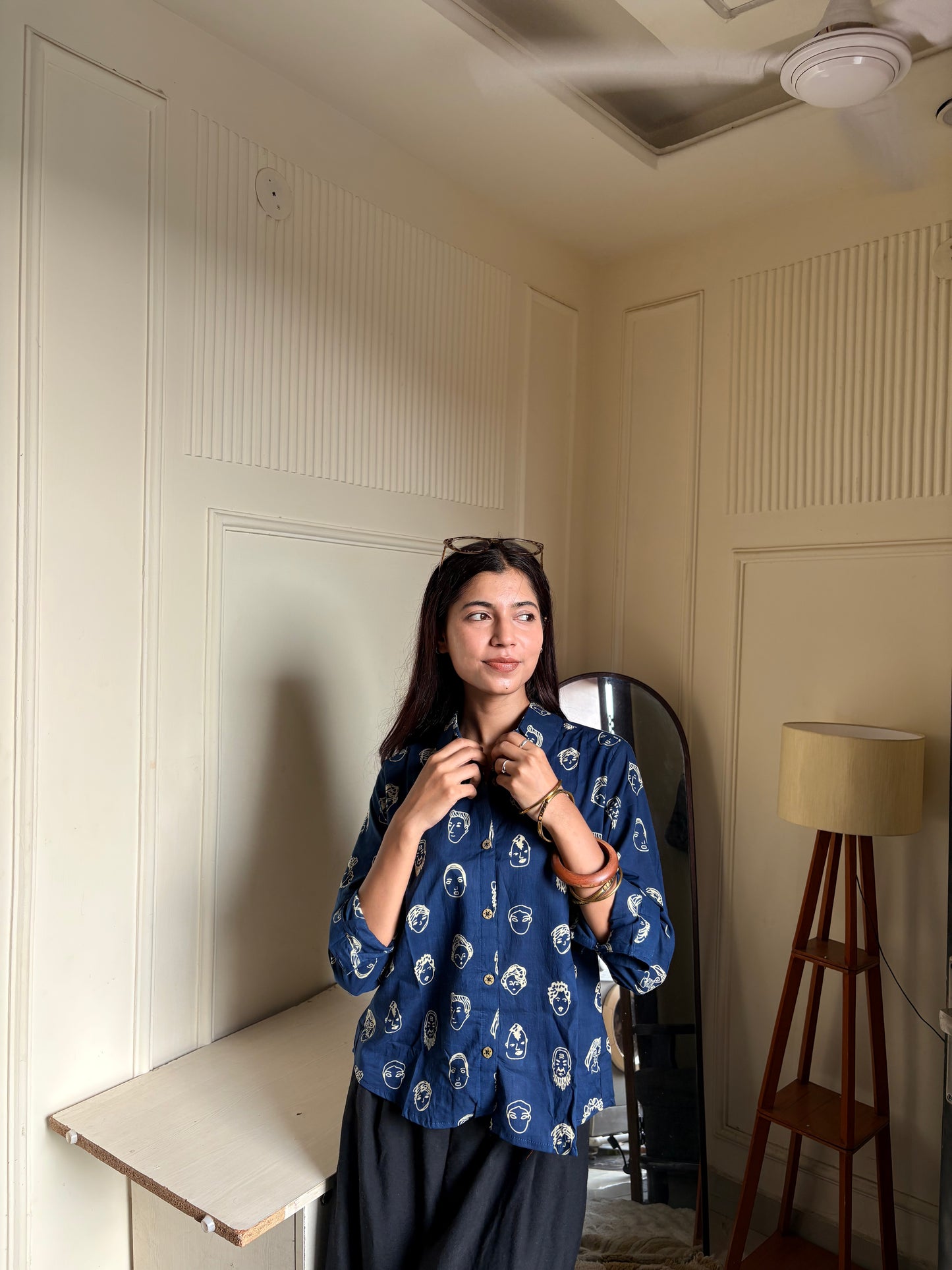 Navy Blue Face Motif Print Women’s Cotton Shirt