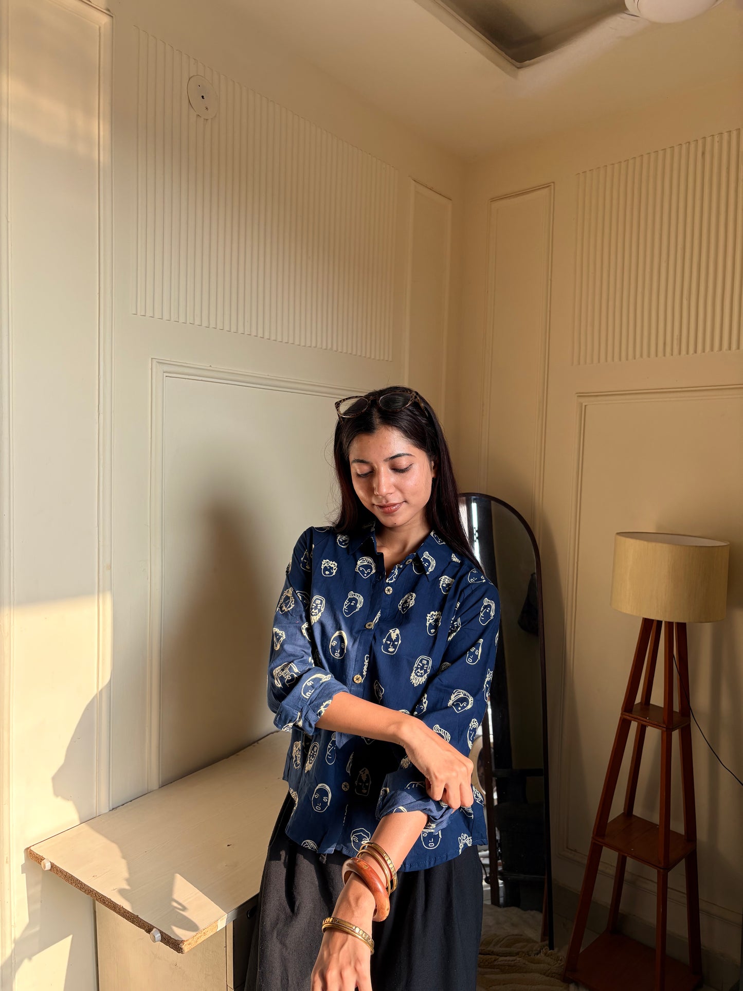Navy Blue Face Motif Print Women’s Cotton Shirt
