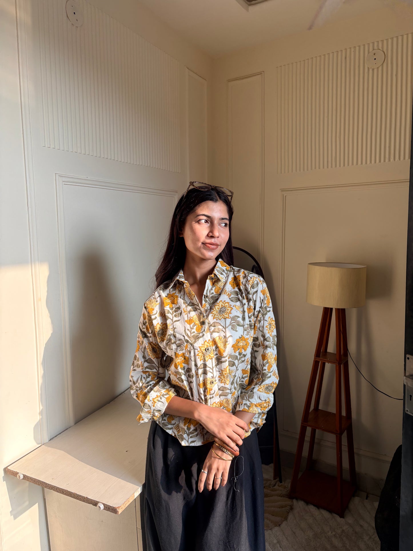 White & Mustard Floral Kalamkari Print Women’s Cotton Shirt