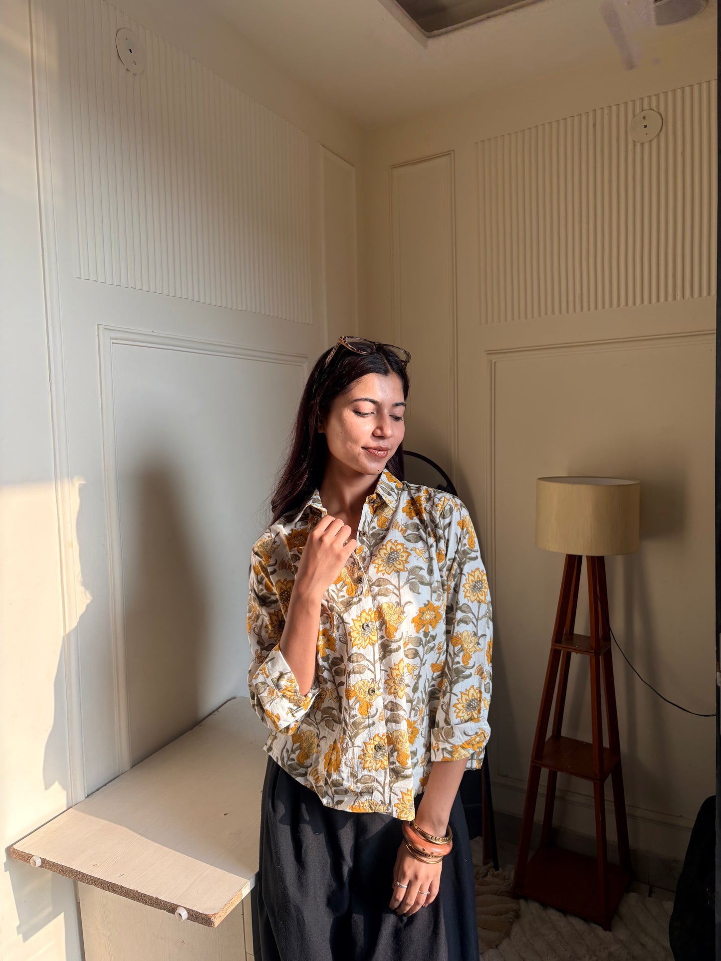 White & Mustard Floral Kalamkari Print Women’s Cotton Shirt