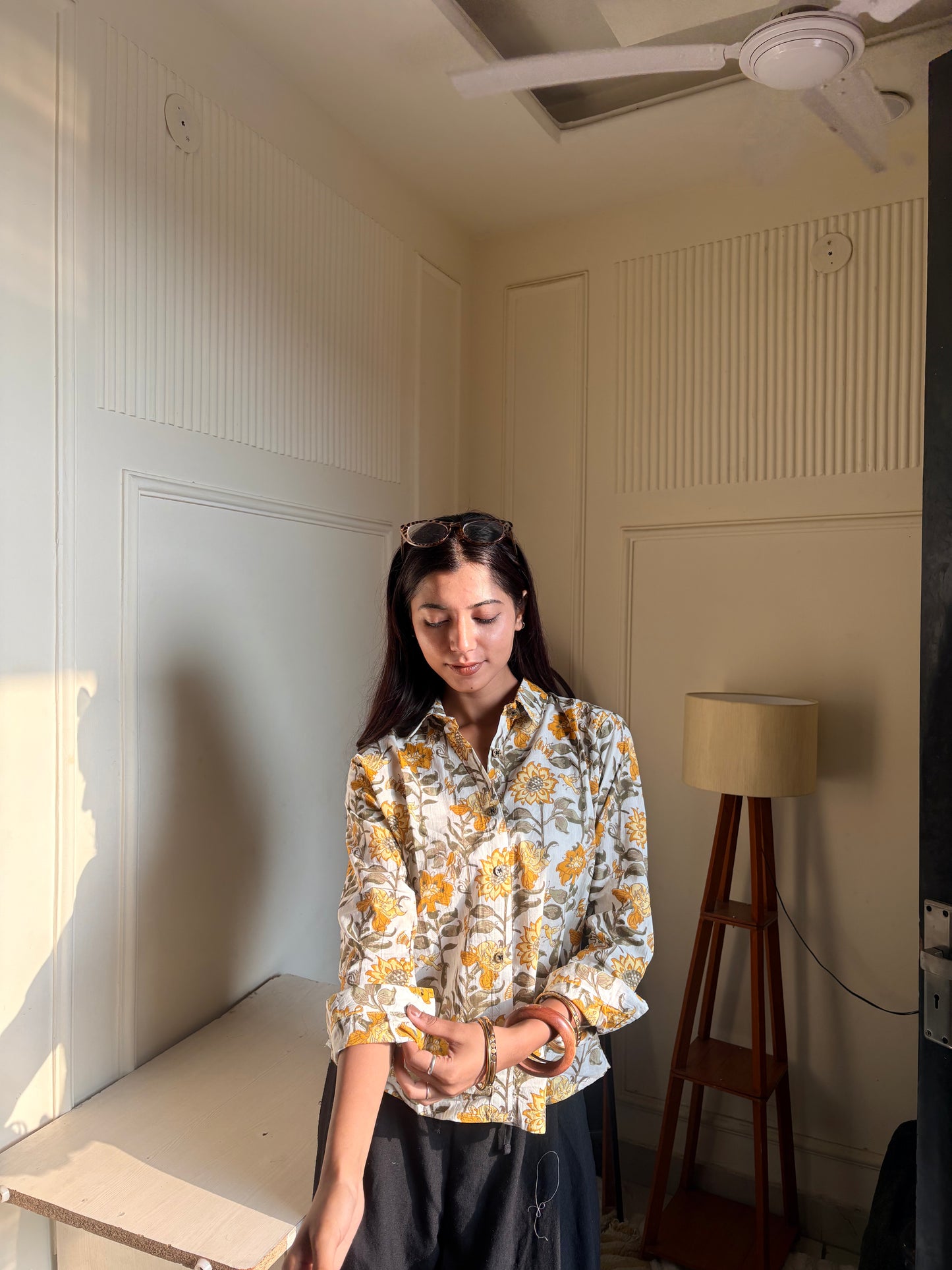 White & Mustard Floral Kalamkari Print Women’s Cotton Shirt