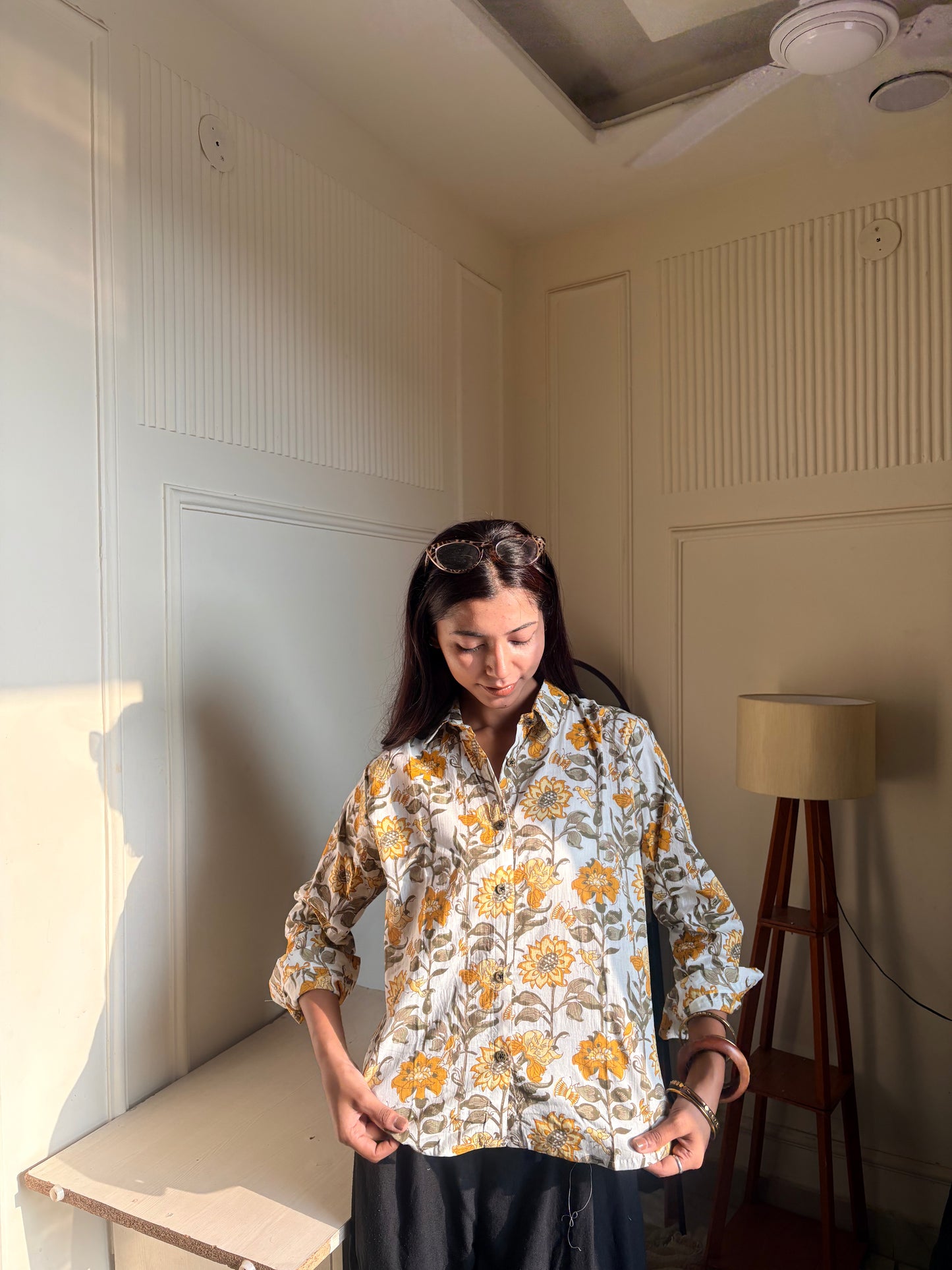 White & Mustard Floral Kalamkari Print Women’s Cotton Shirt