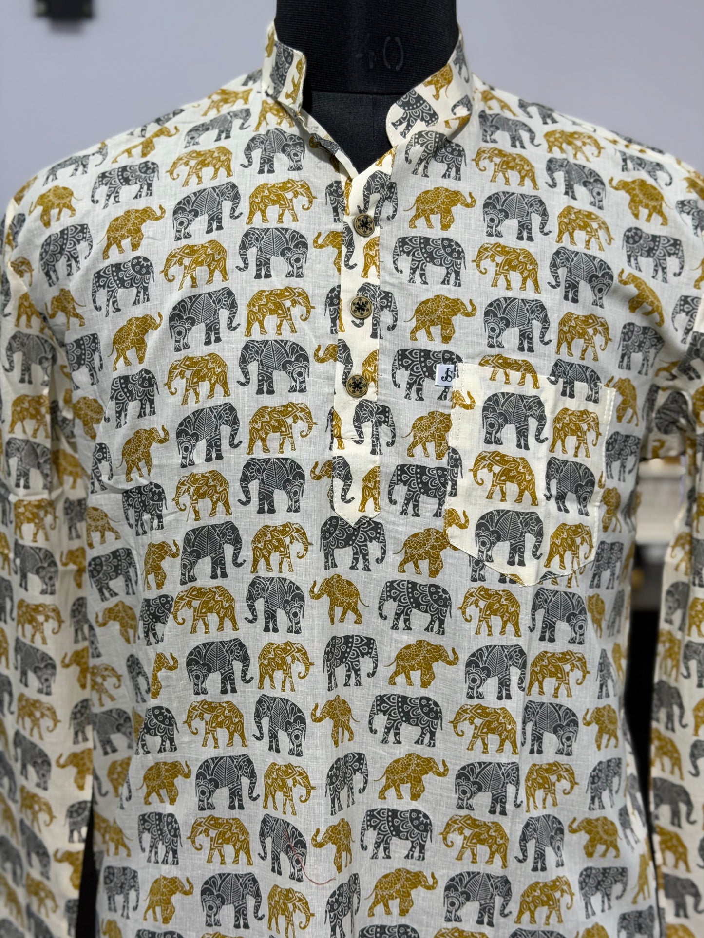 White Mustard & Grey Elephant Print Men’s Full Sleeve Short Kurta