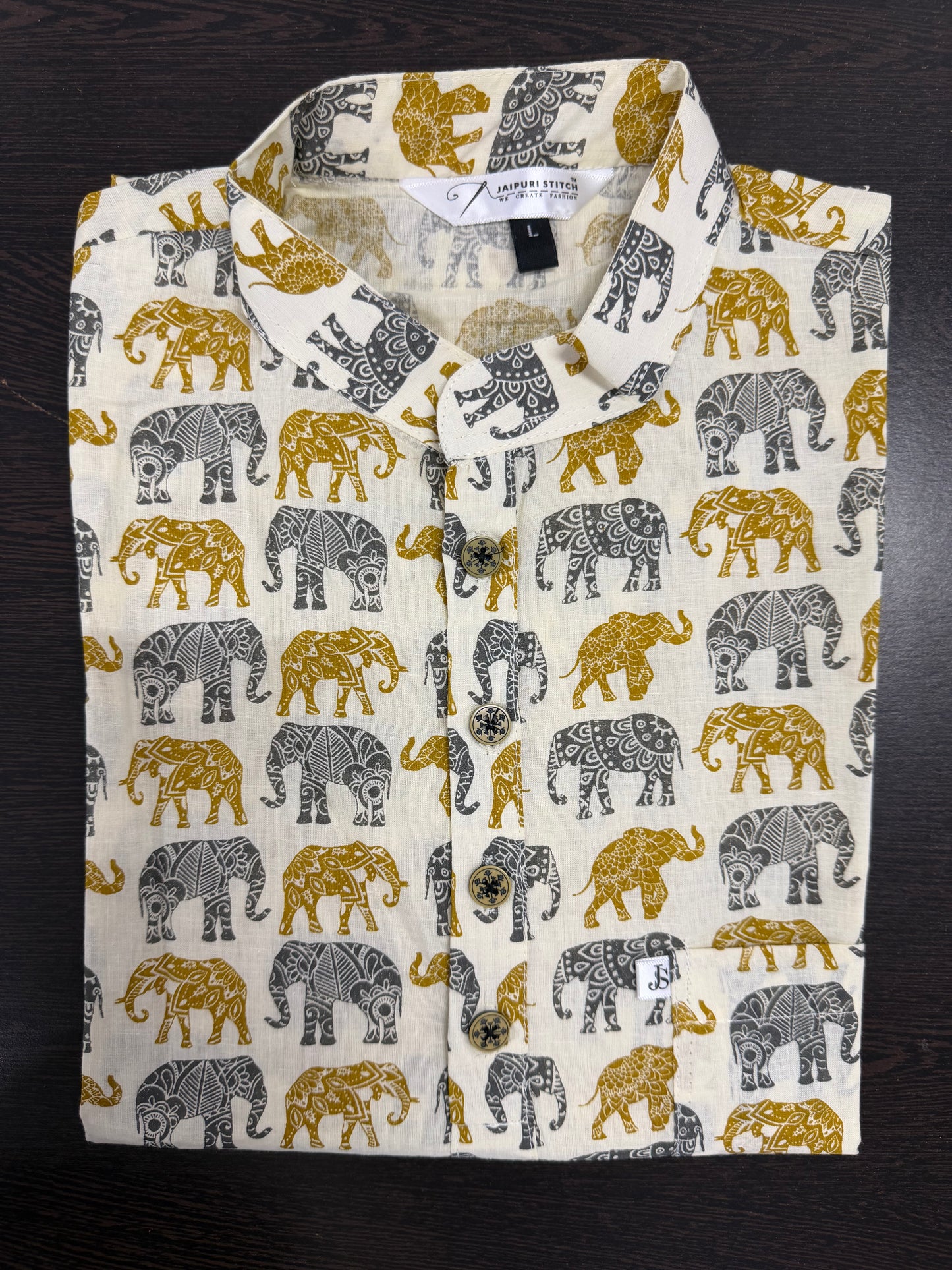 White Mustard & Grey Elephant Print Men’s Full Sleeve Short Kurta