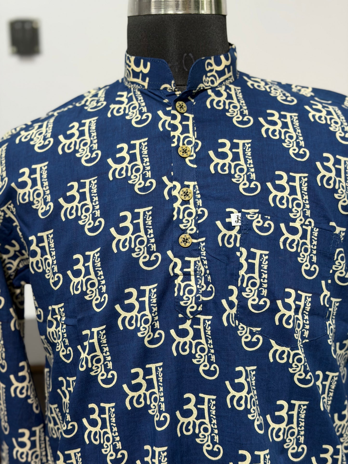 Navy Blue Devanagari Print Men’s Full Sleeve Short Kurta