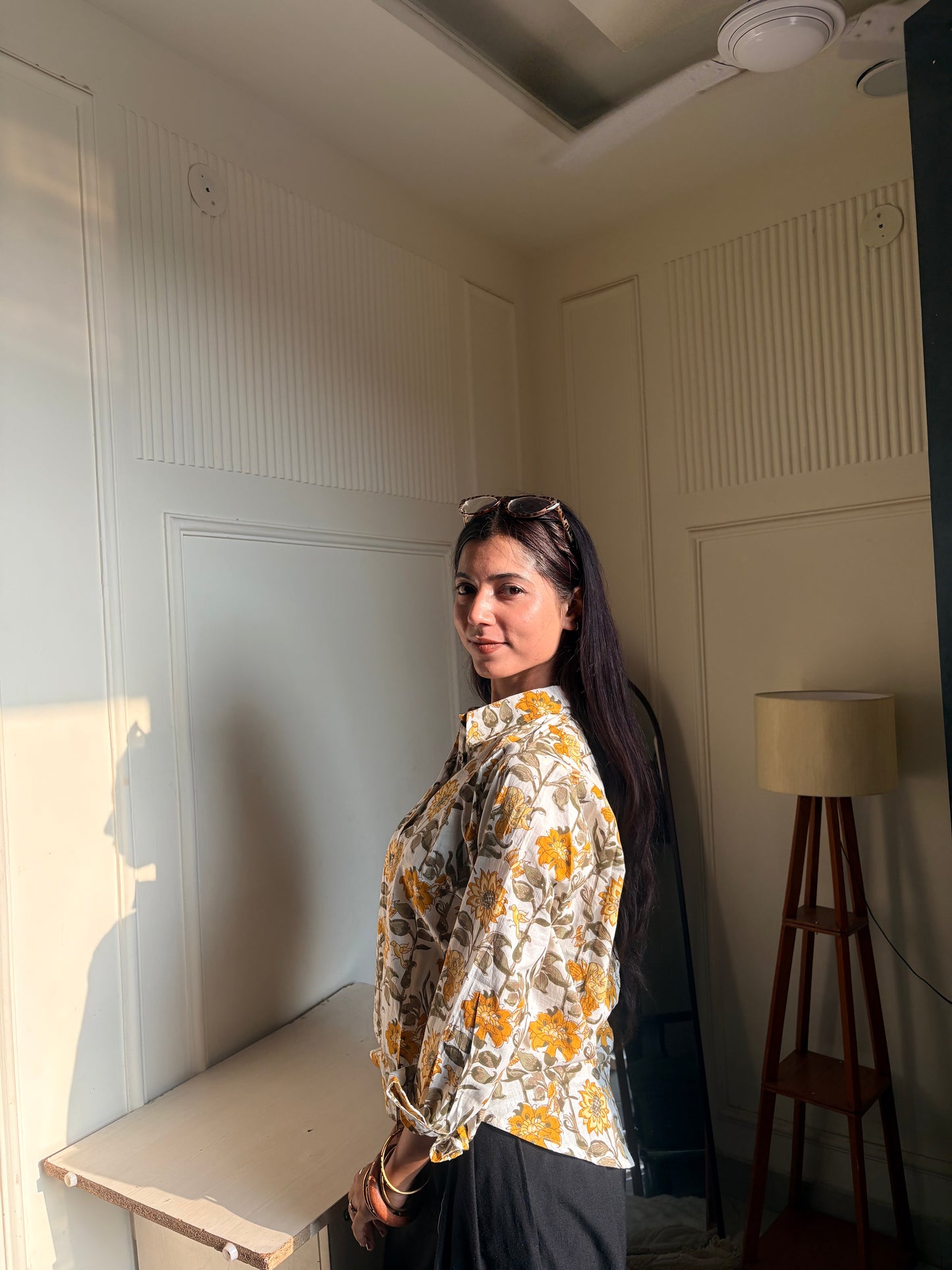 White & Mustard Floral Kalamkari Print Women’s Cotton Shirt