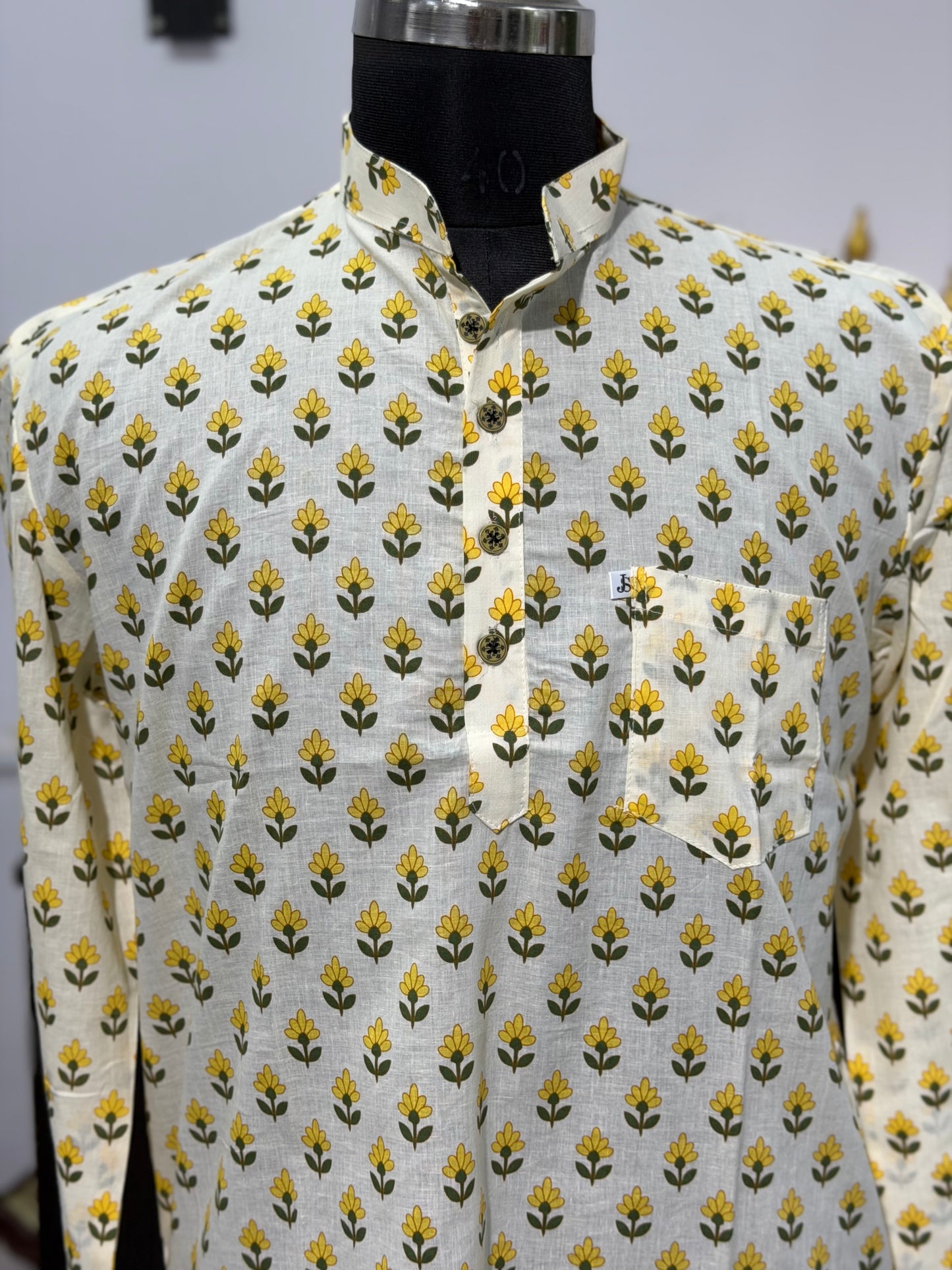 White & Yellow Floral Print Men’s Full Sleeve Short Kurta
