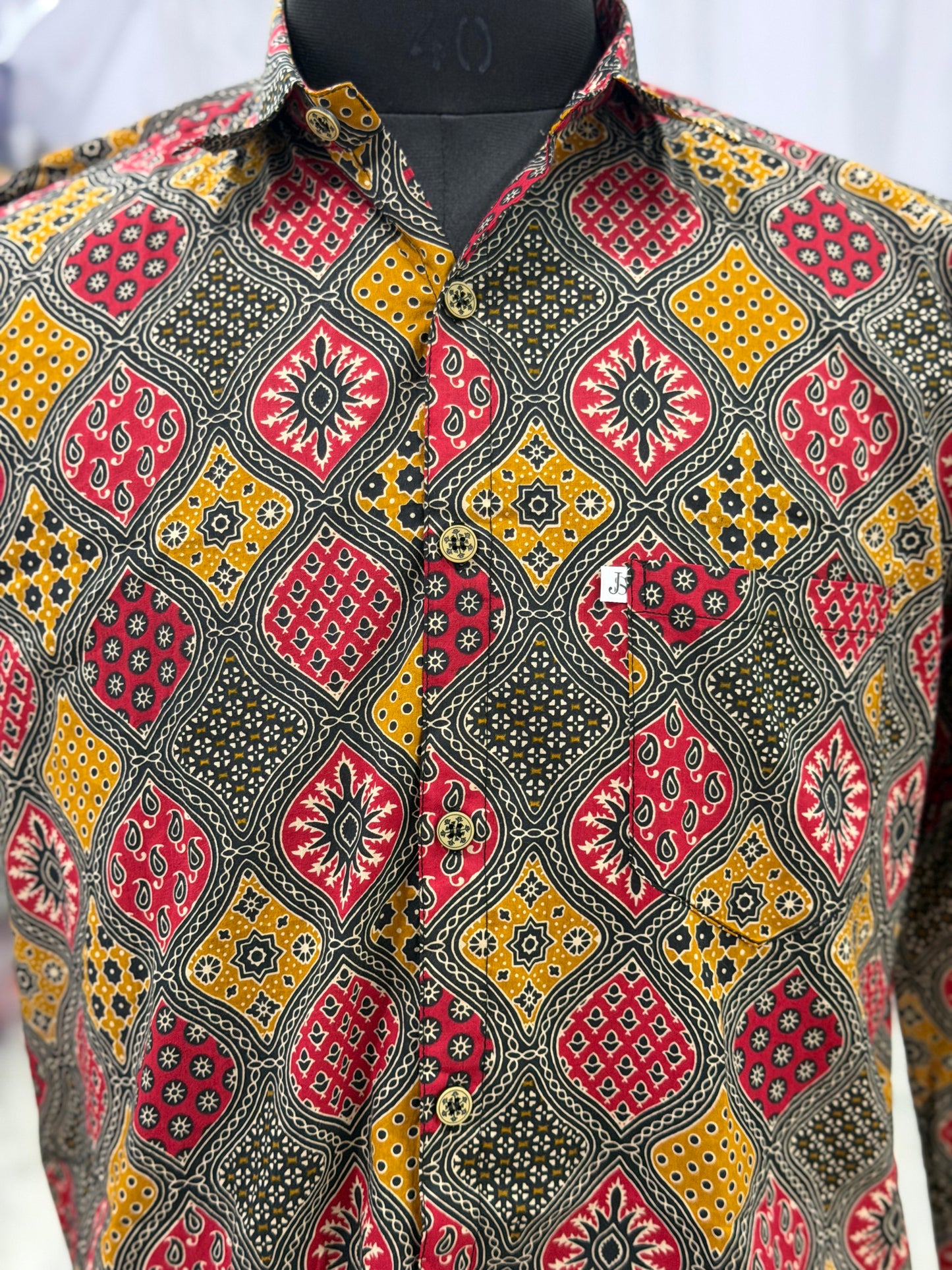 Full Sleeve Black Red & Mustard Geometric Printed Men’s Cotton Shirt