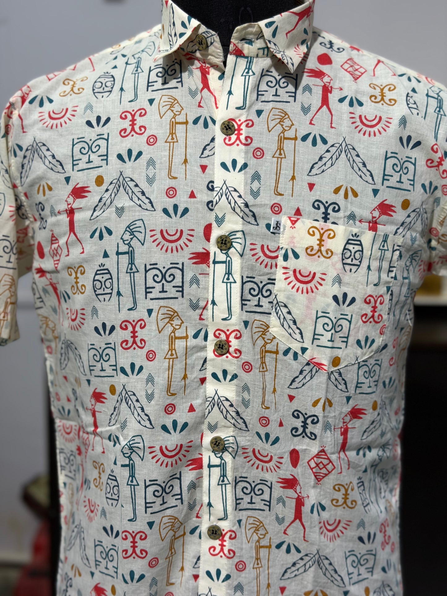 White Multicolour Tribal Motif Printed Men’s Half Sleeve Cotton Shirt