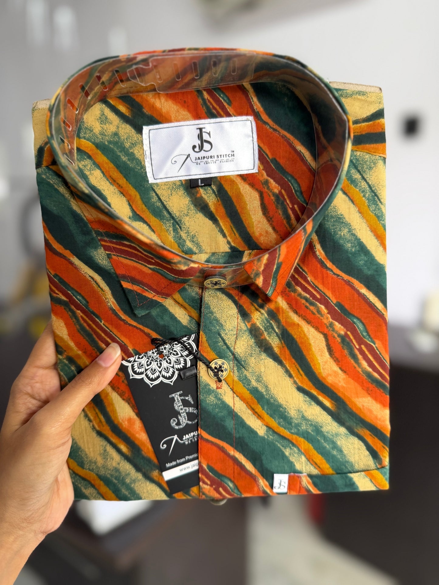 Orange Green Multistripes Printed Mens Half Sleeves Shirt