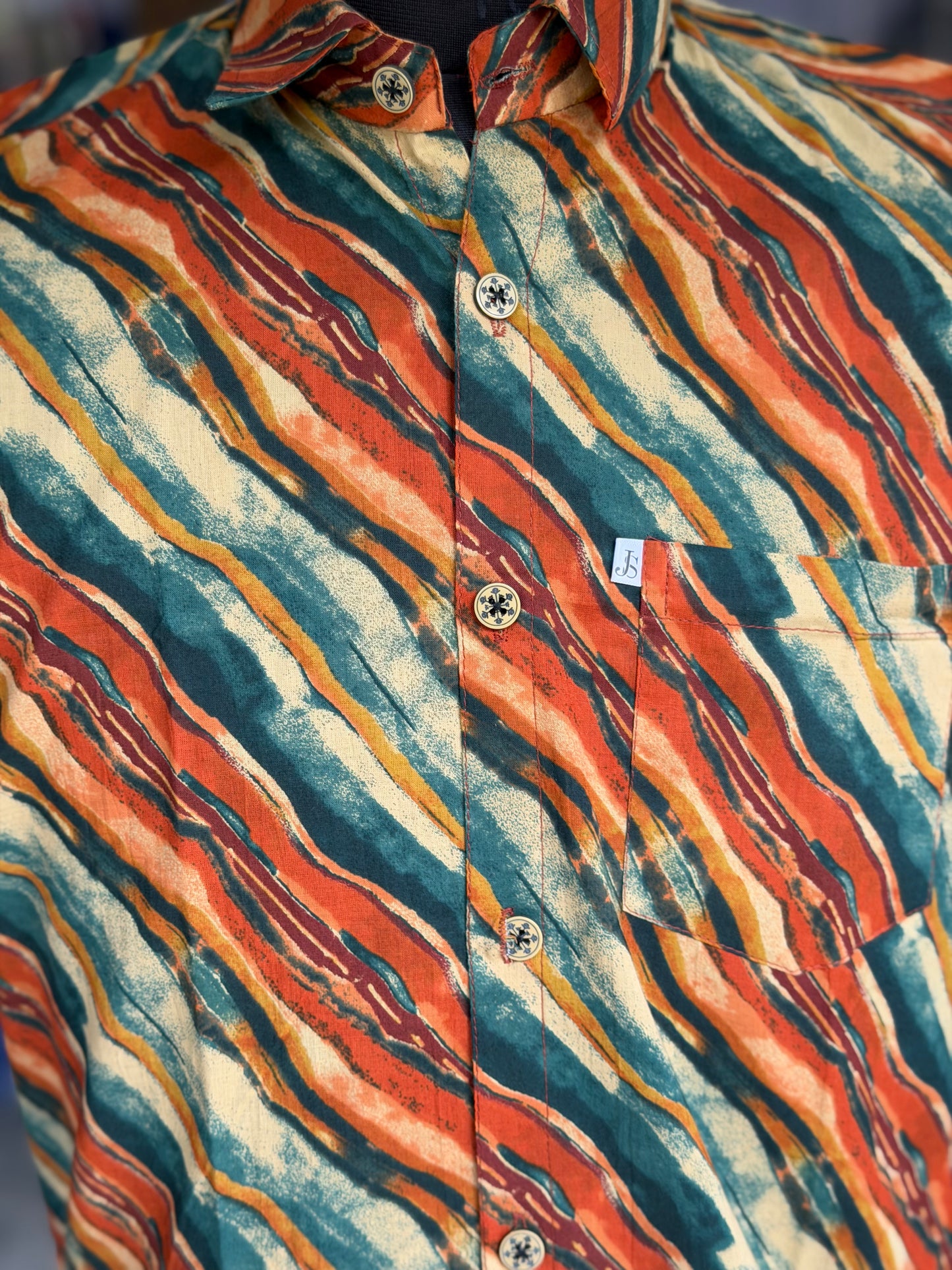 Orange Green Multistripes Printed Mens Half Sleeves Shirt