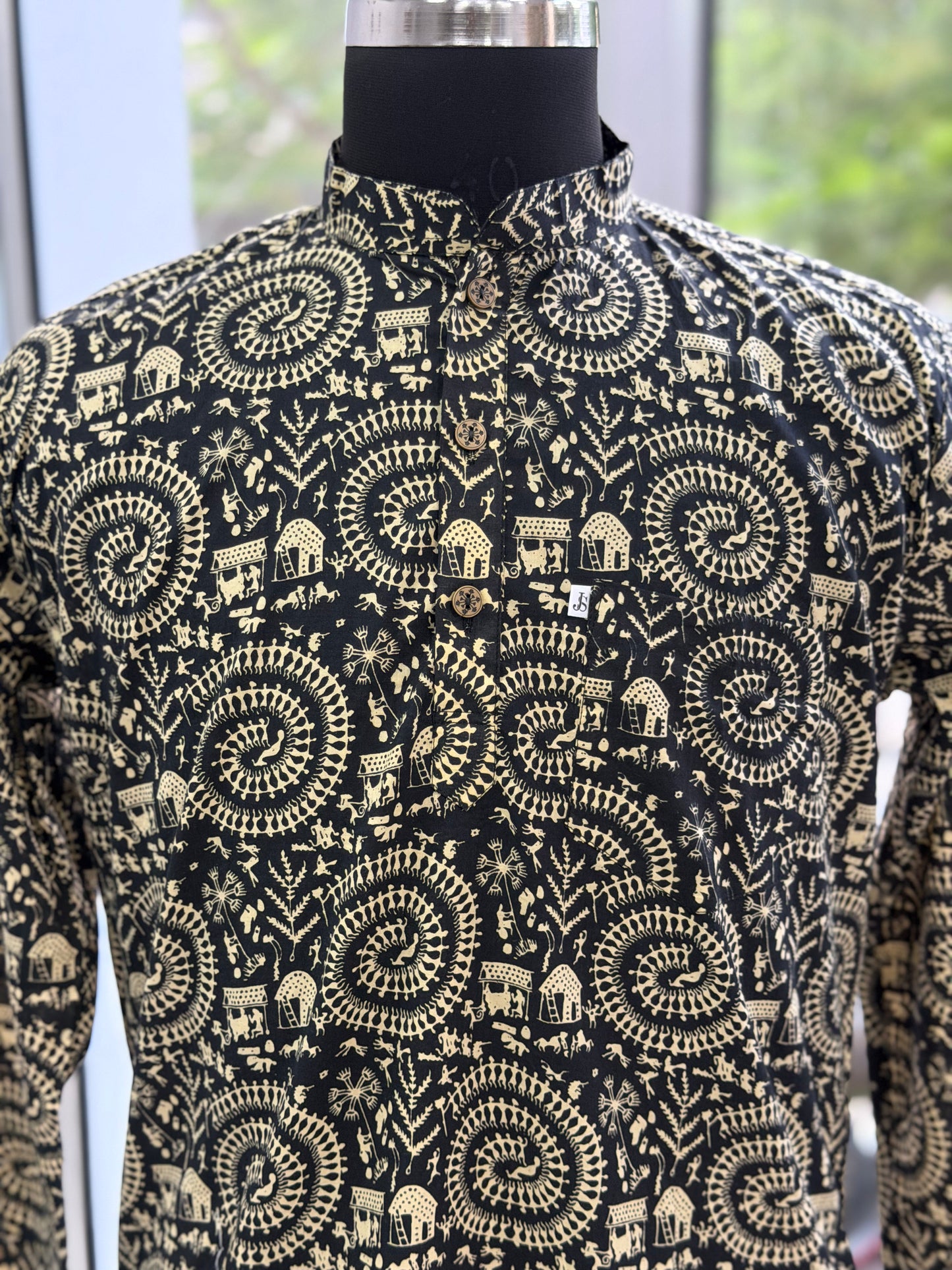 Black & Beige Tribal Folk Print Men’s Full Sleeve Short Kurta