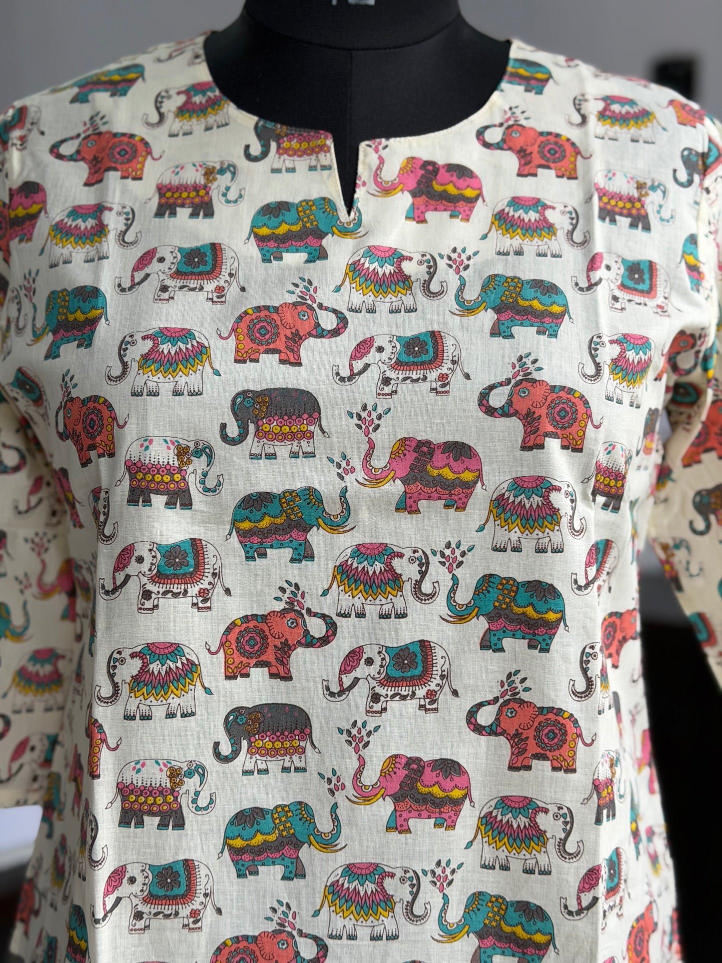 Off White Multicolor Elephant Print 3/4 Sleeves Cotton Short Kurti Top for Women