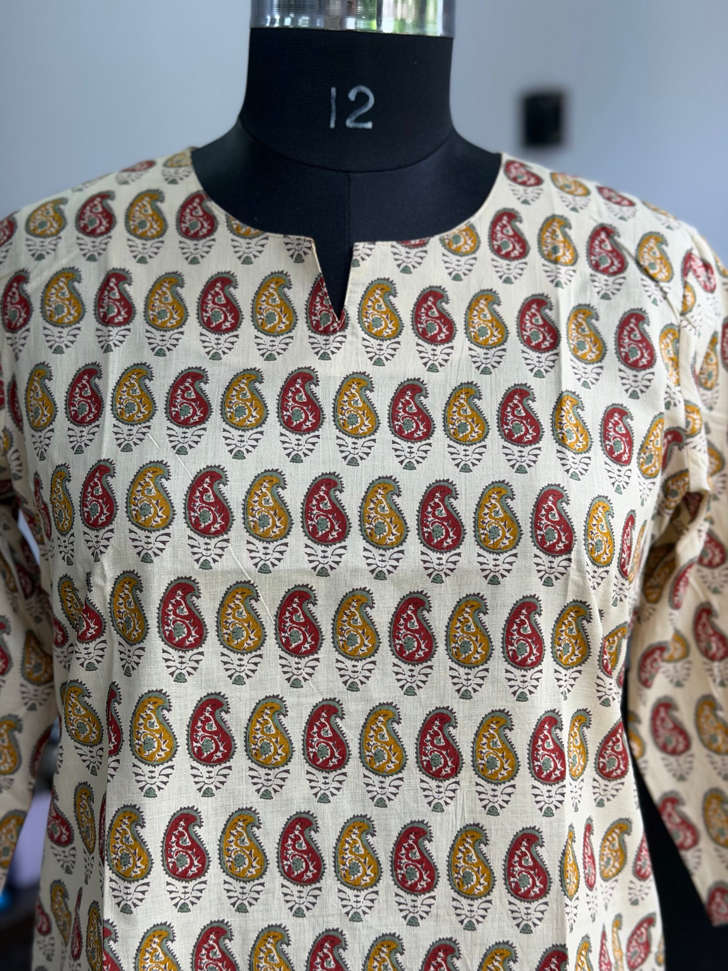 Red and Beige Booti Print 3/4 Sleeves Cotton Short Kurti Top for Women