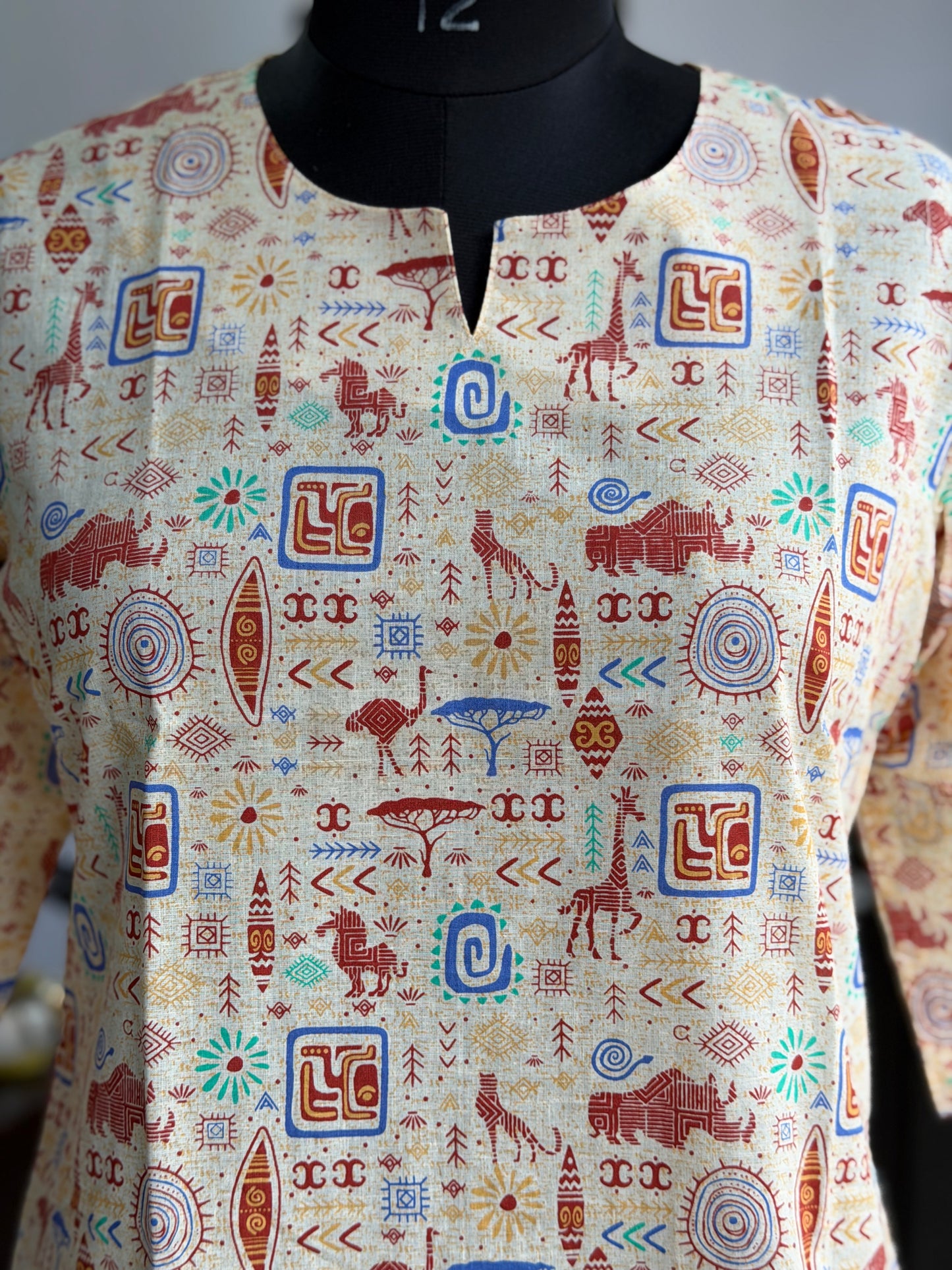 Beige Safari Tribal Print 3/4 Sleeves Cotton Short Kurti Top for Women