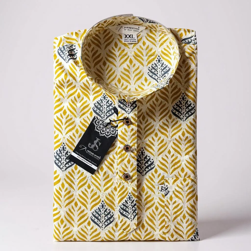 Yellow Leaf Booti Printed Full Sleeves Short Kurta for Men