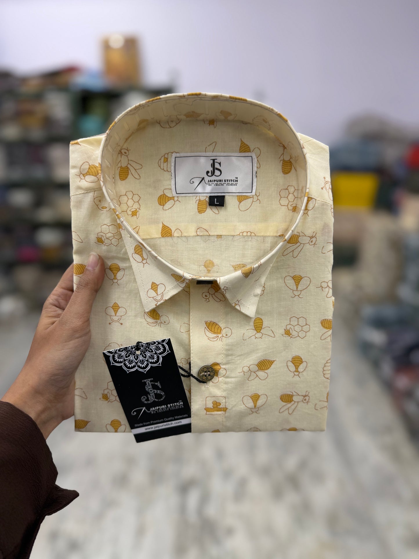 Cream & Yellow Honey Bee Print Men’s Half Sleeve Cotton Shirt