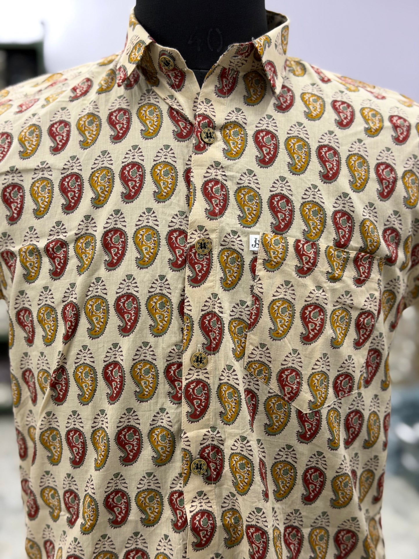 Half Sleeve Red And Beige Booti Printed Men's Shirt