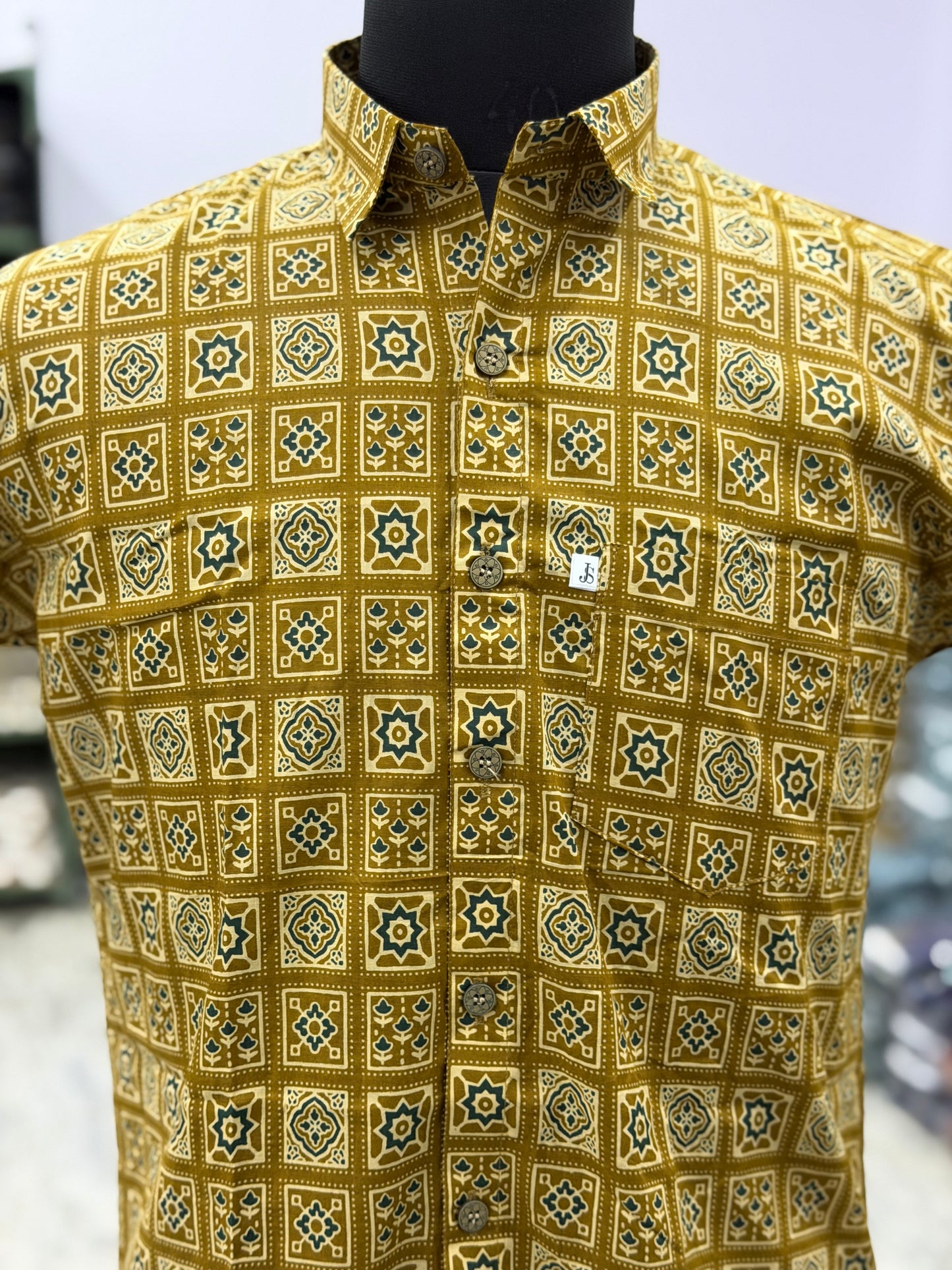 Mustard Tile Printed Men’s Half Sleeve Shirt