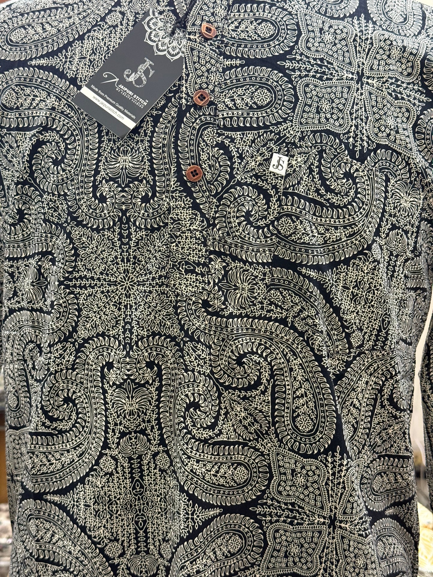 Black & Grey Paisley Art Printed Full Sleeves Short Kurta for Men