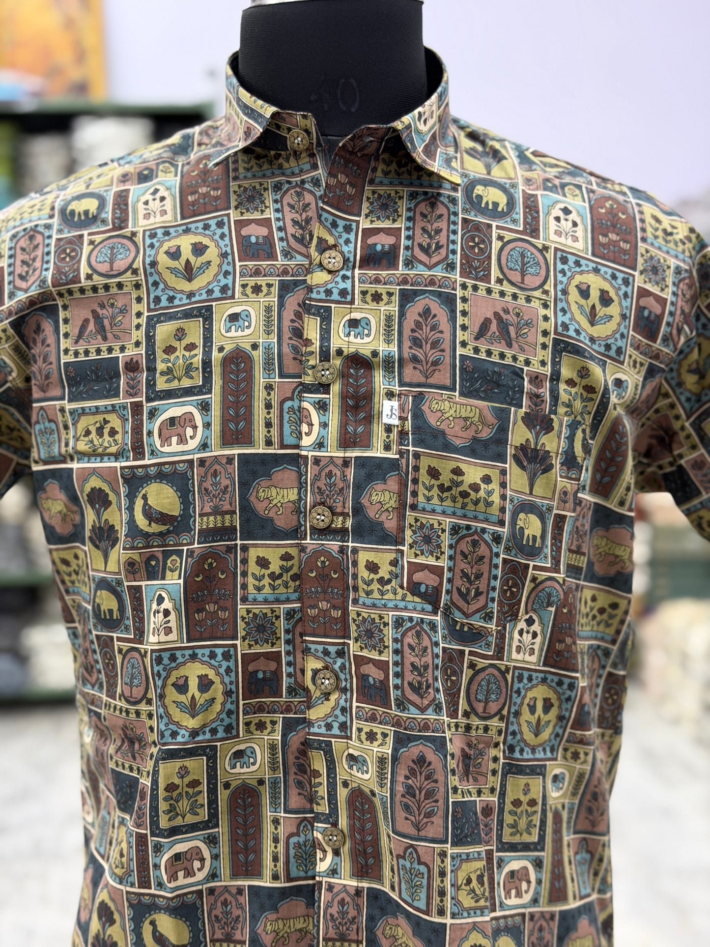 Brown Multicolour Heritage Patchwork Print Men’s Half Sleeve Cotton Shirt