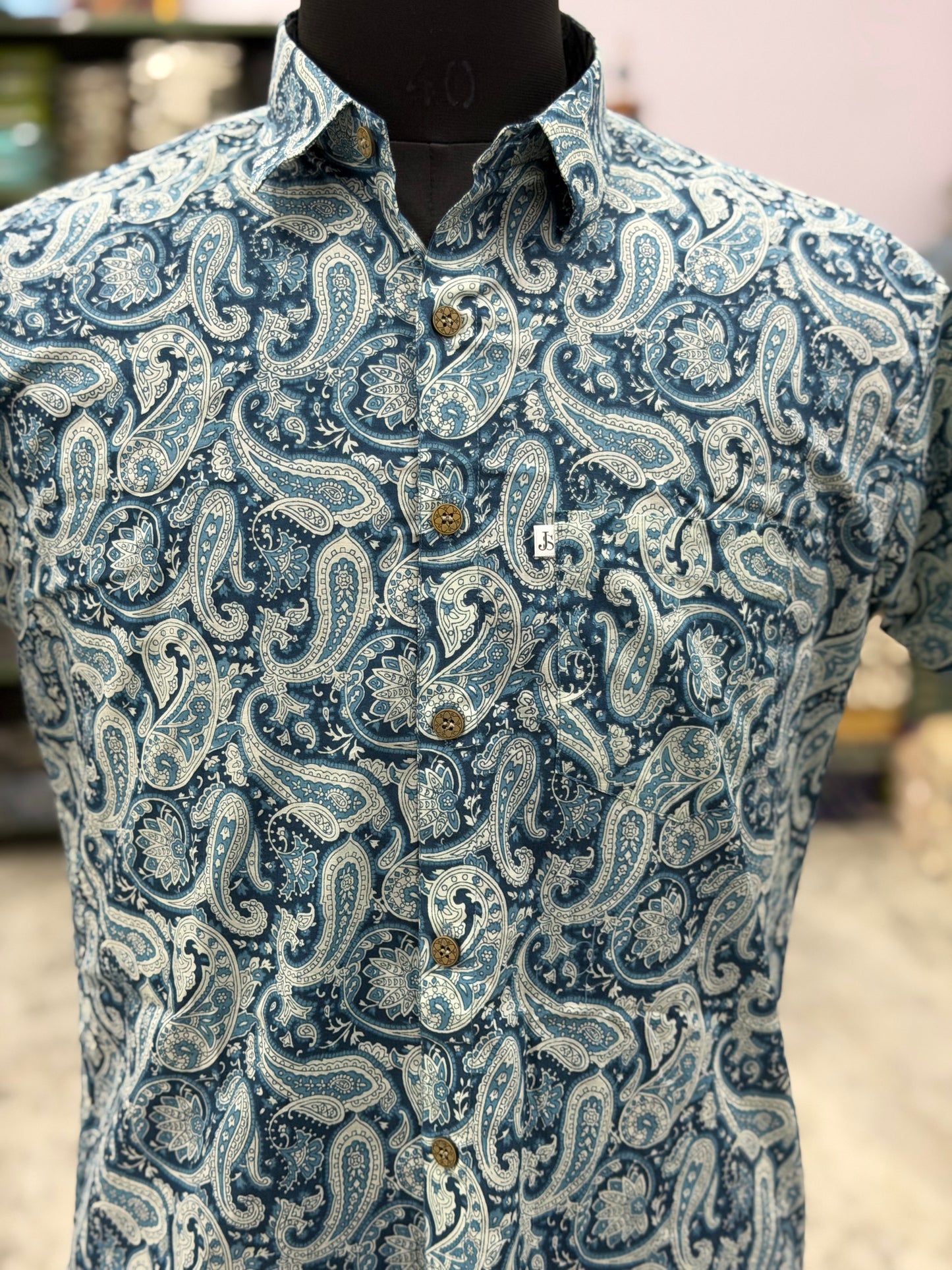 Blue & White Paisley Print Men’s Half Sleeve Cotton Shirt