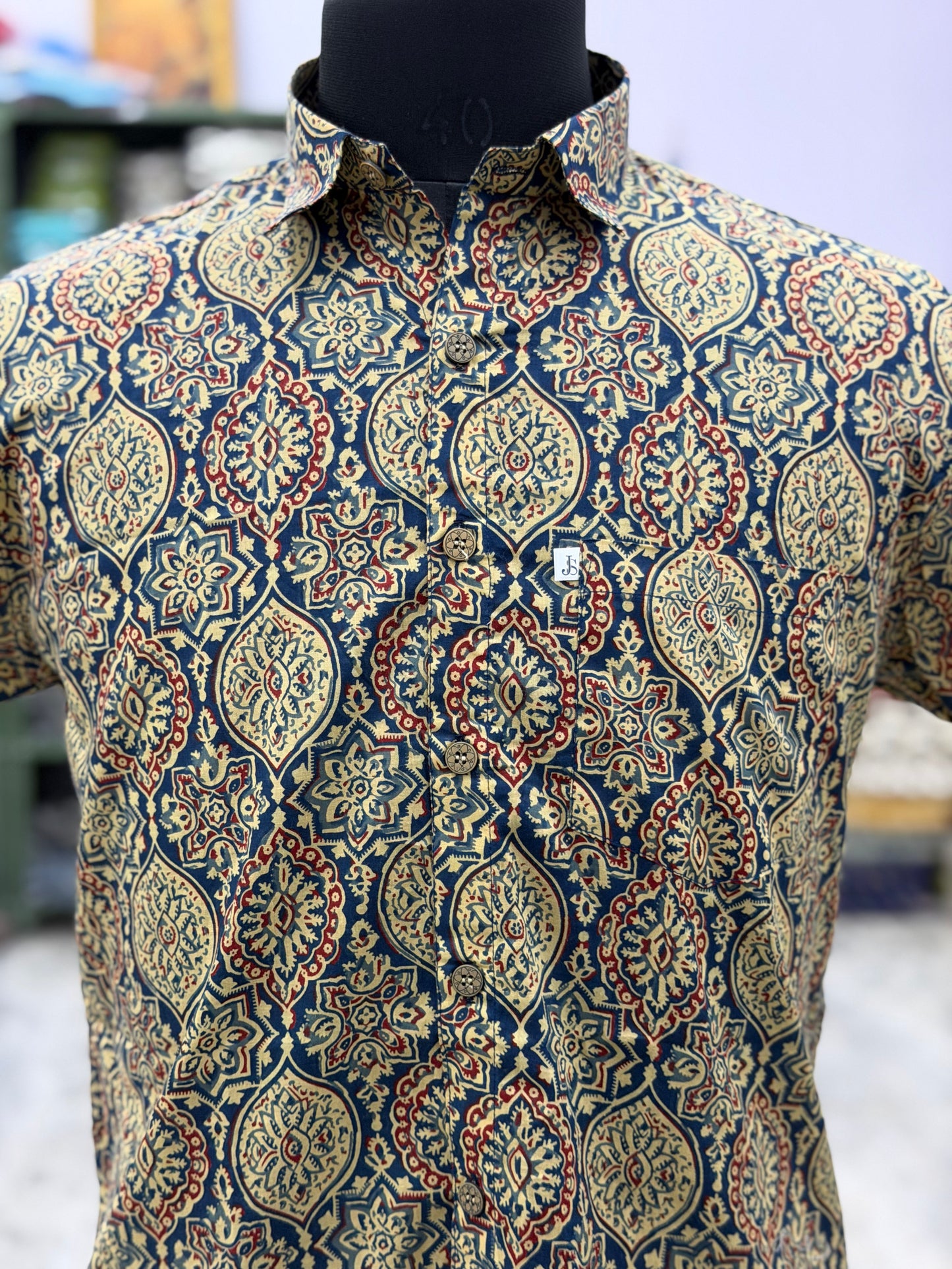 Navy Blue Medallion Printed Men's Half Sleeve Shirt
