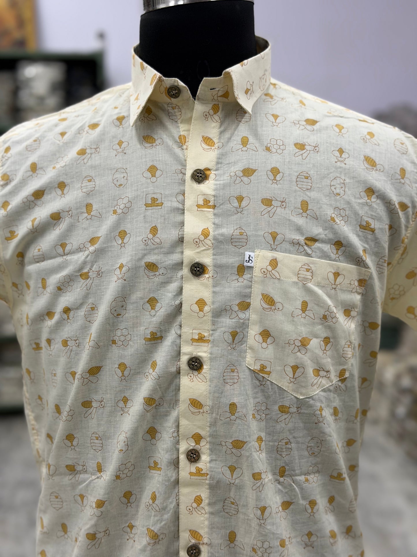Cream & Yellow Honey Bee Print Men’s Half Sleeve Cotton Shirt