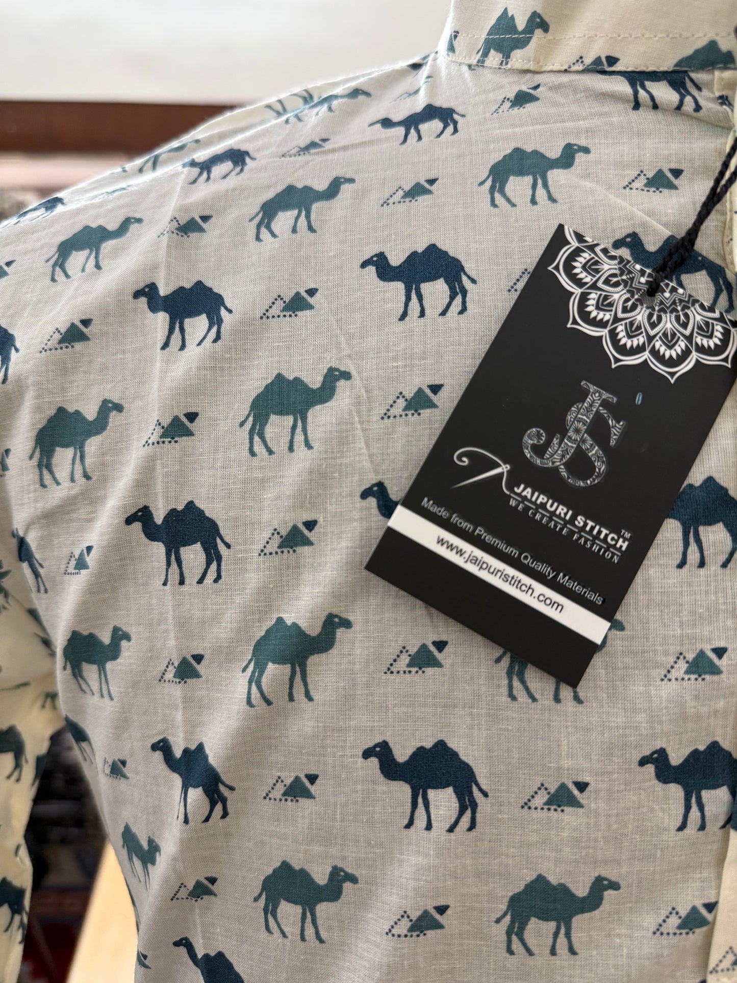 Blue & White Camel Printed Full Sleeves Short Kurta for Men