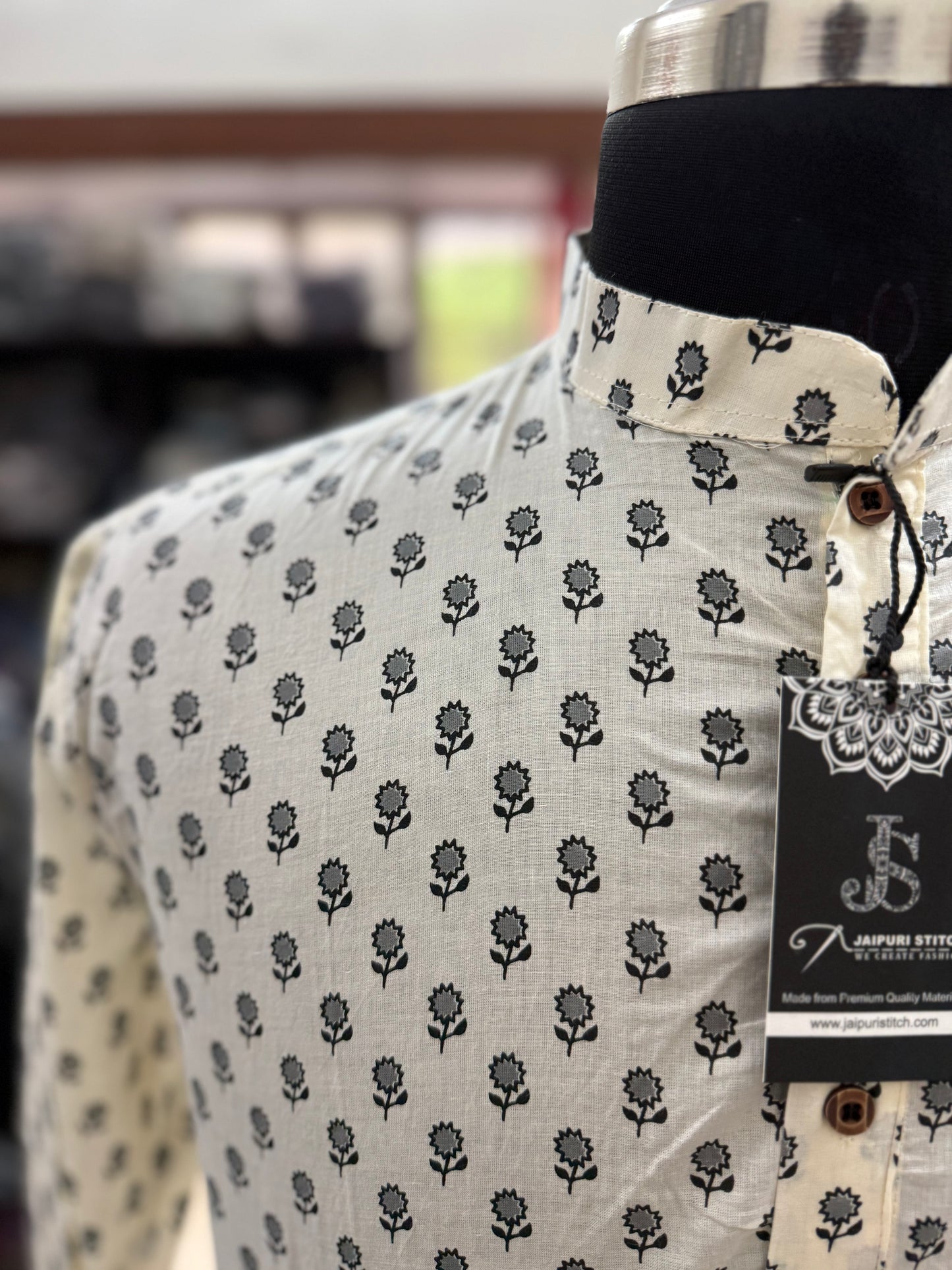 Ivory Booti Printed Full Sleeves Short Kurta for Men