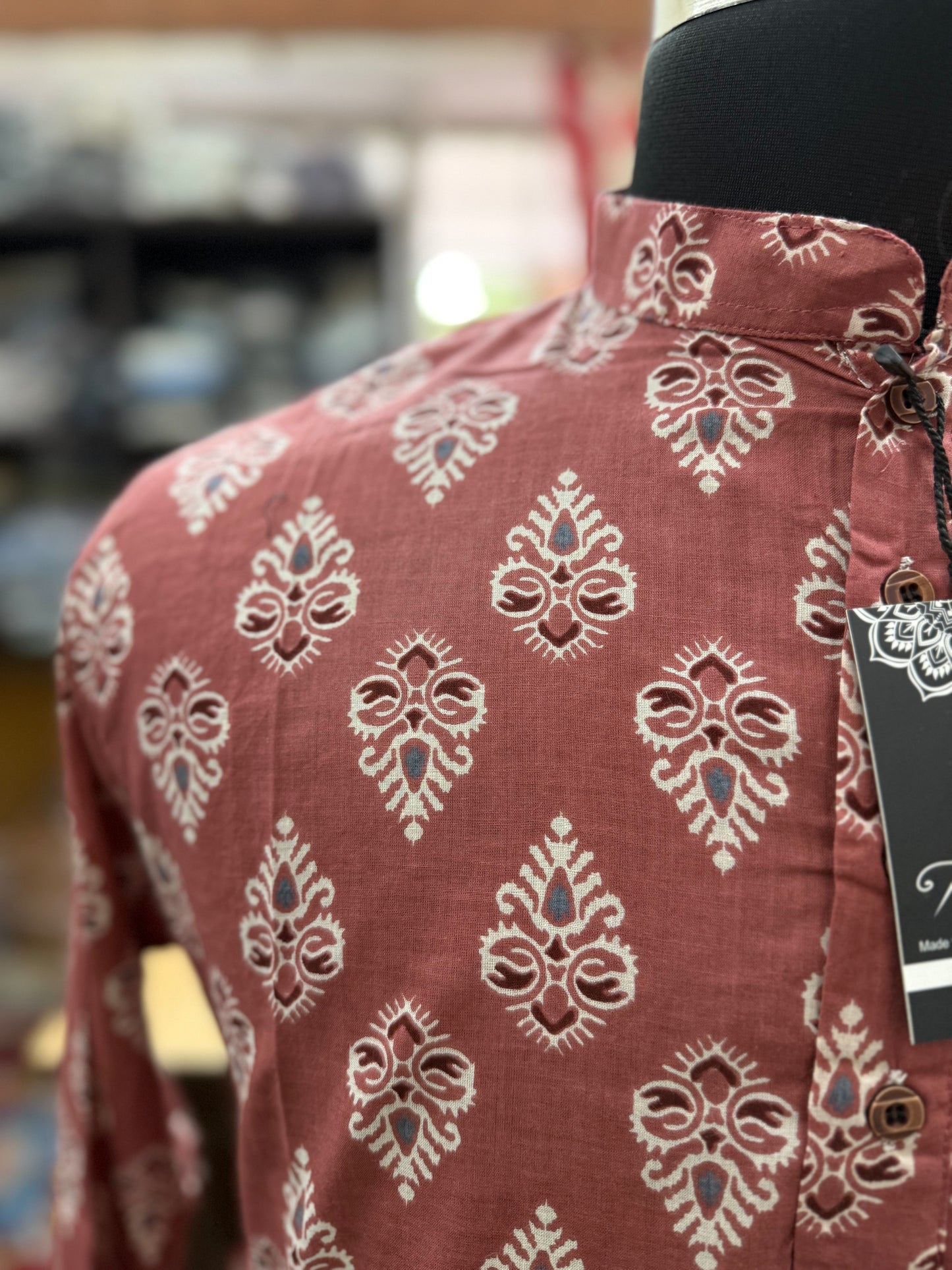 Rust Floral Booti Printed Full Sleeves Short Kurta for Men