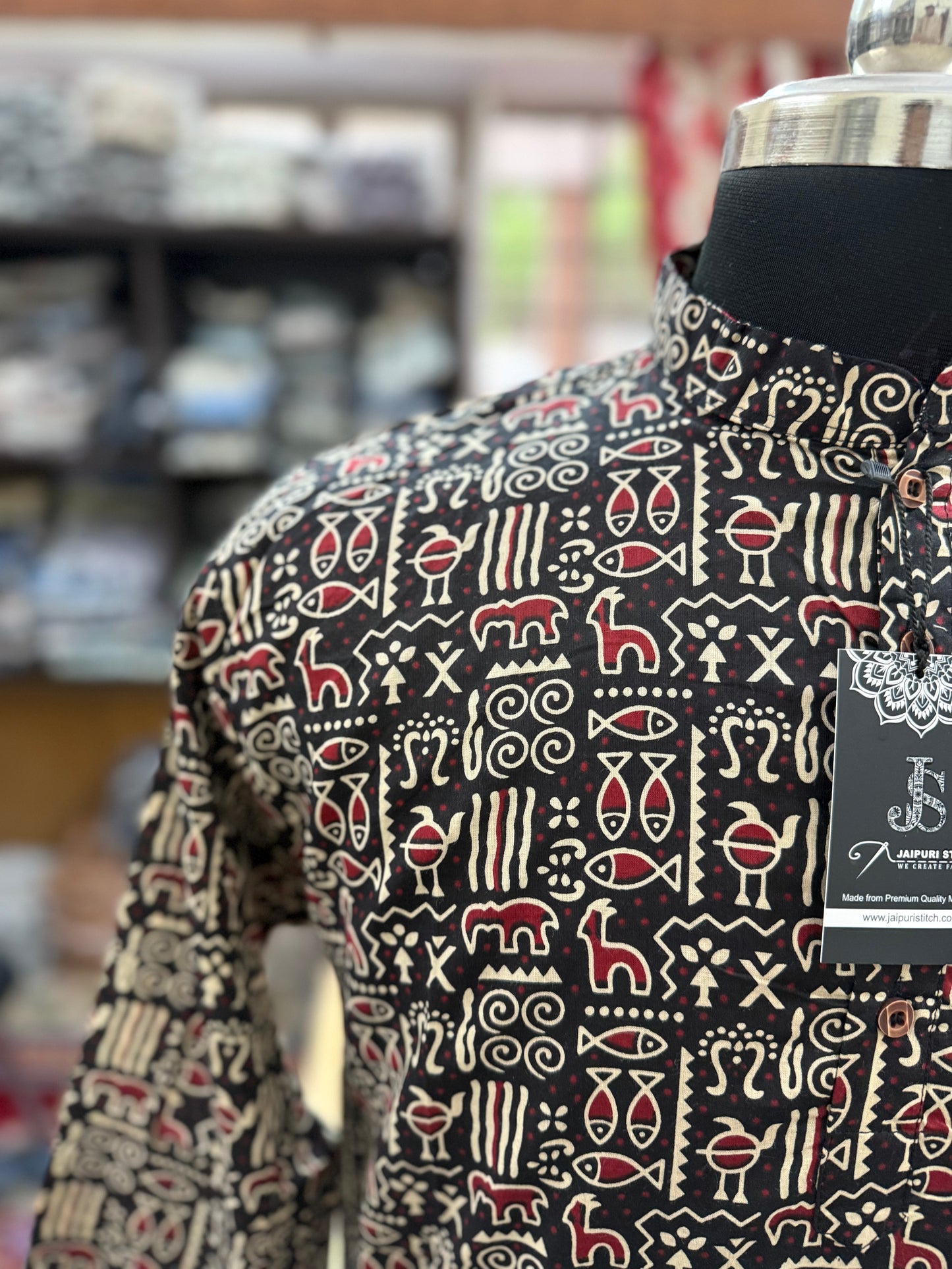 Black Tribal Motif Printed Full Sleeves Short Kurta for Men