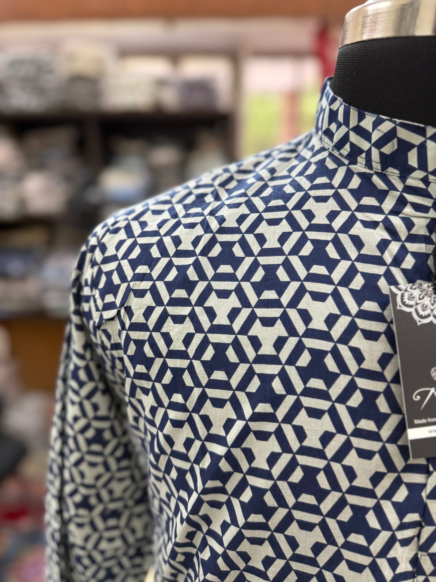 Navy Blue Geometric Star Block Printed Full Sleeves Short Kurta for Men
