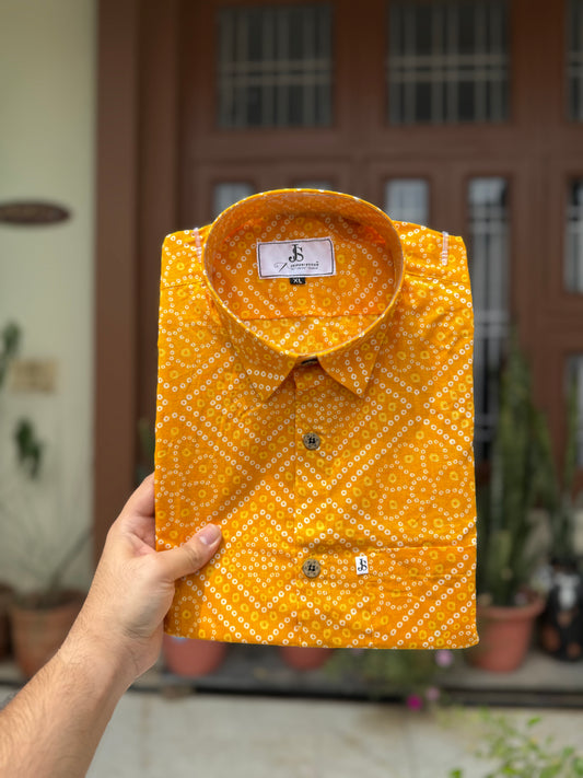 Yellow Bandhani/Bandhej  Printed Mens Half Sleeves Cotton Shirt