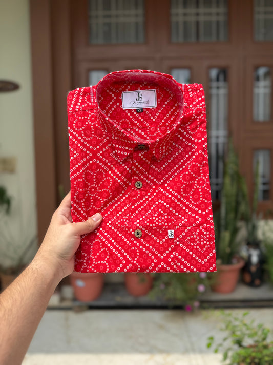 red Bandhani/Bandhej  Printed Mens Half Sleeves Cotton Shirt
