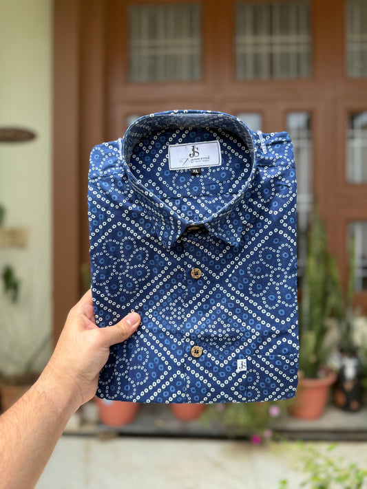 Blue Bandhani/Bandhej  Printed Mens Half Sleeves Cotton Shirt