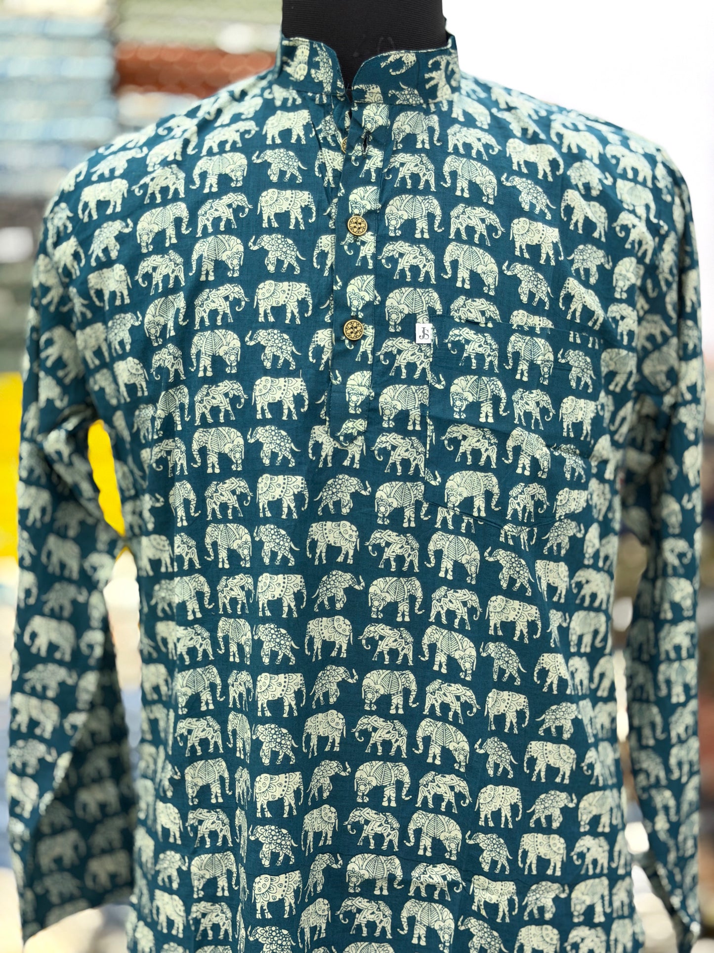 Teal & White Elephant Print Men’s Full Sleeves Short Kurta