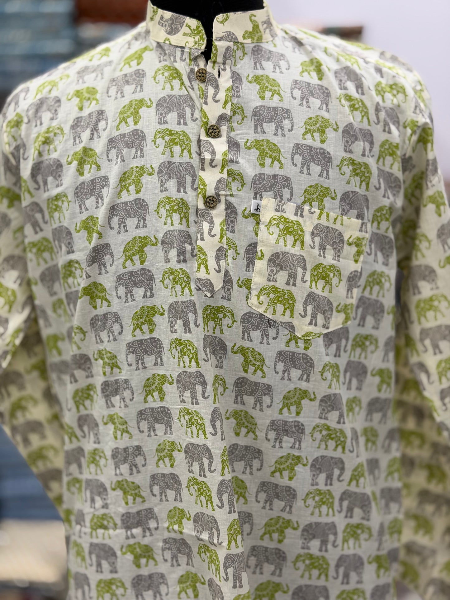 Off-White & Green Elephant Printed Men’s Full Sleeve Short Kurta