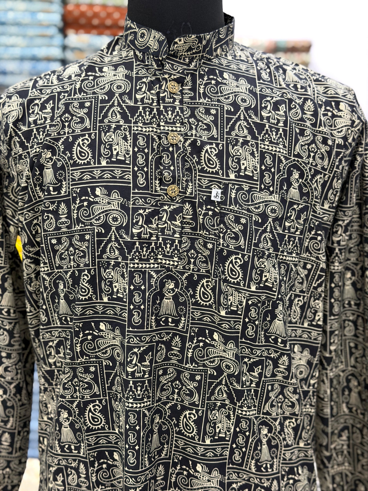Black Triple Warli Art Men’s Full Sleeves Short Kurta